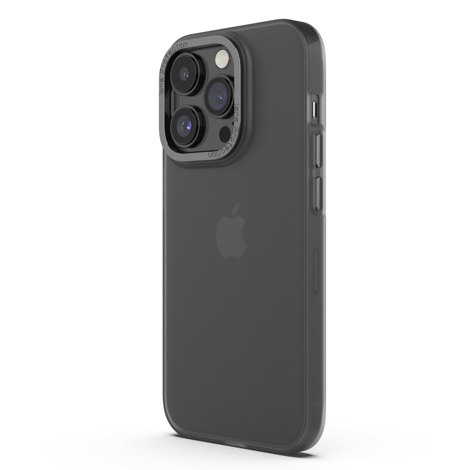Ein schwarzes iPhone in einer MR PROTECT iPhone 15 Pro Max FROZEN-Hülle von MR PROTECT mit mattem, durchscheinendem Look und markanten Kameralinsen auf der Rückseite, aufrecht stehend.