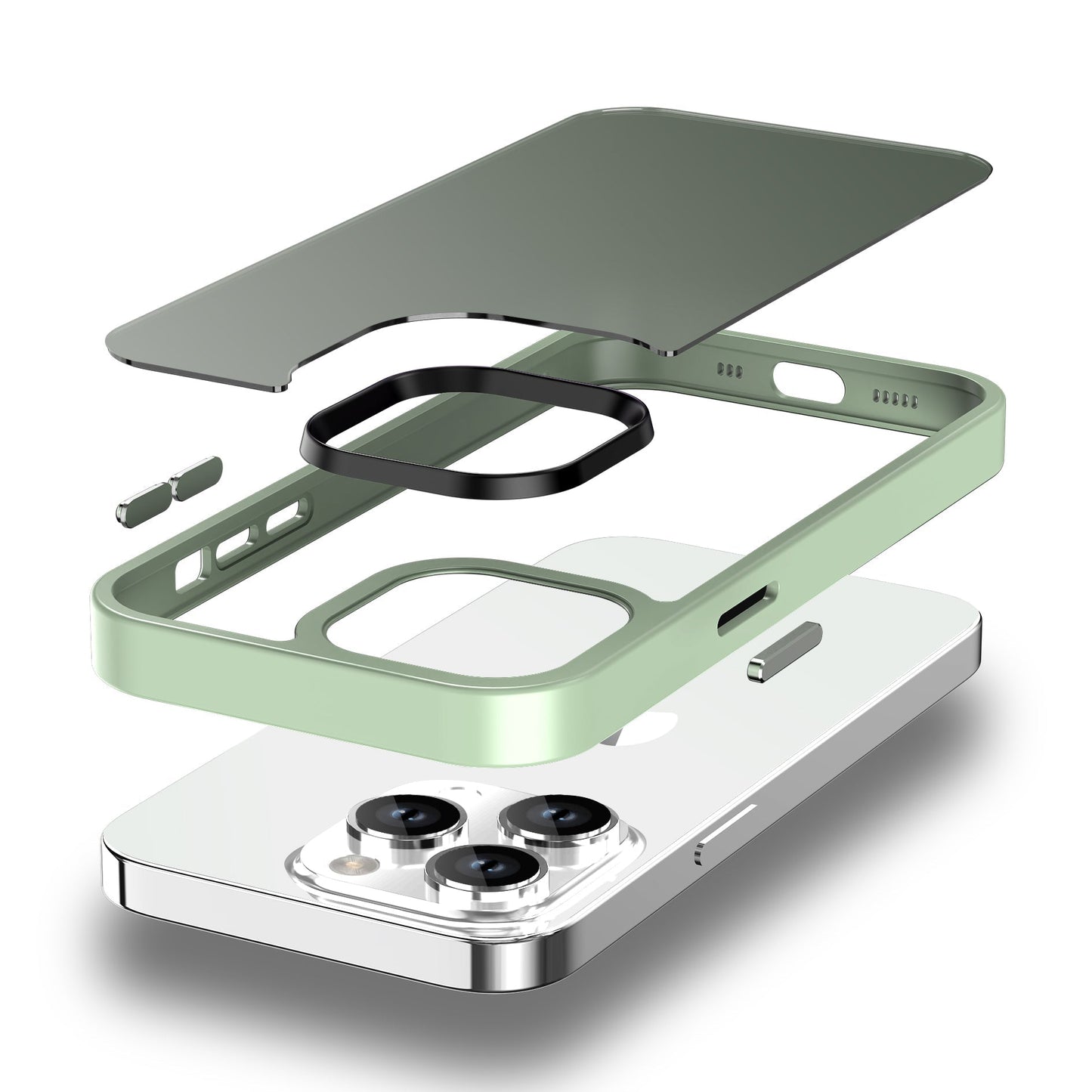 Eine Explosionsansicht eines Smartphones mit der MR PROTECT iPhone 15 Hülle Matt in Grün, mit getrennten Schichten, darunter Hülle, Kameraring und Displayschutz darüber für optimale Stoßdämpfung und minimalistischen Mattstil.