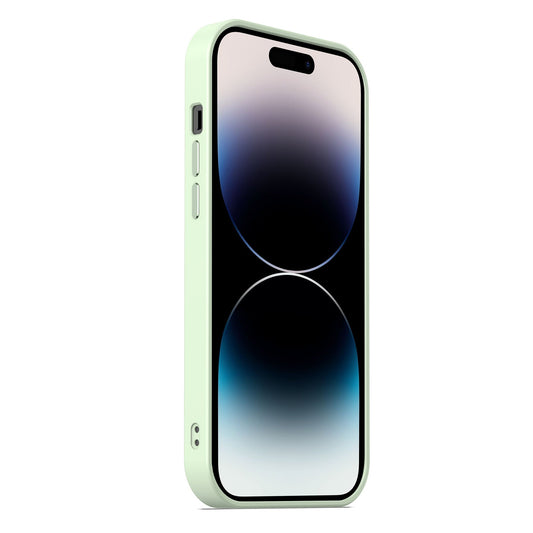Das MR PROTECT iPhone 14 Pro Max MagSafe Case Matt in Hellgrün steht schräg aufrecht, zeigt abstrakte Kreise am Display und schützt mit stoßabsorbierendem TPU-Silikon sowie sichtbaren Tasten links das Gerät.