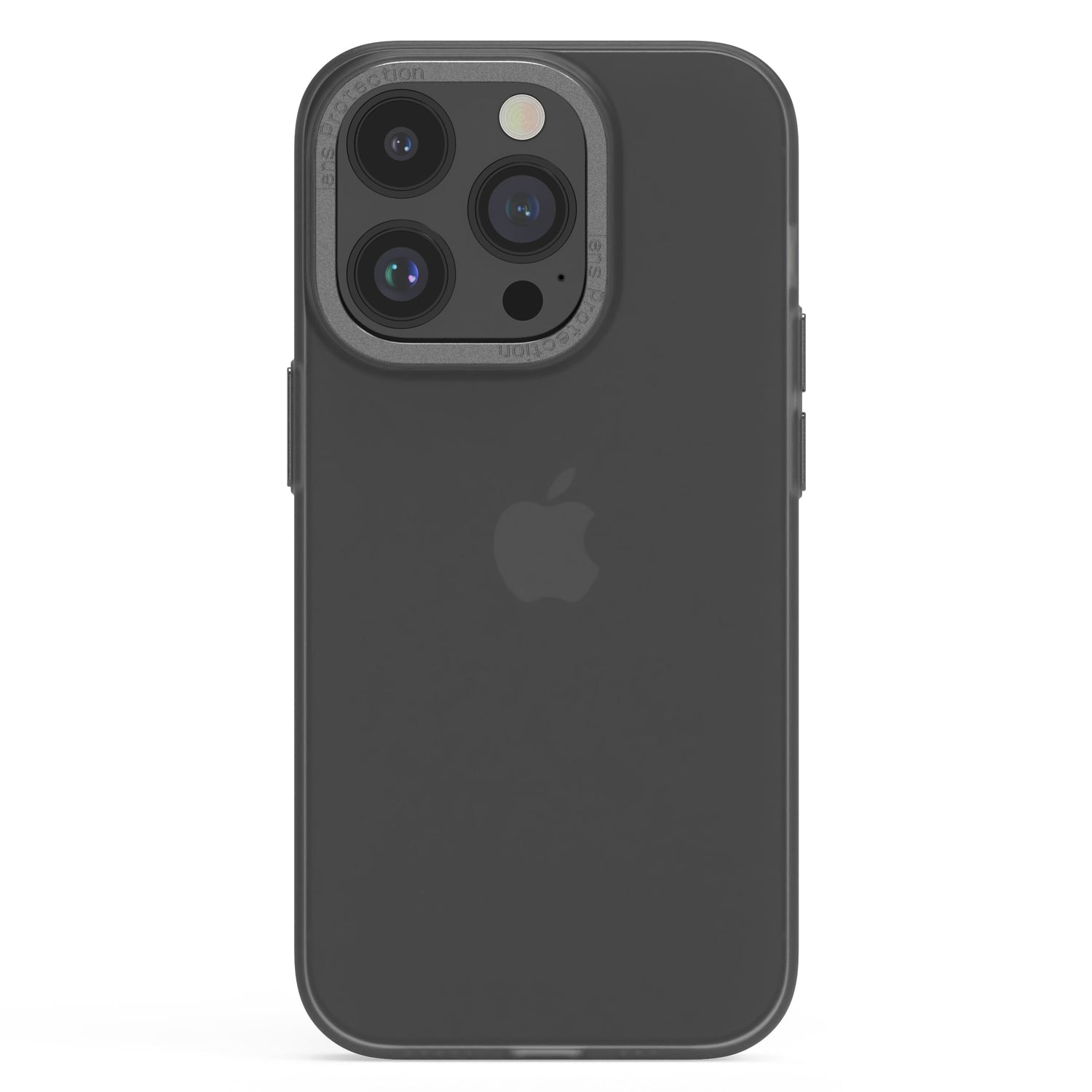 Auf weißem Hintergrund ist ein schwarzes iPhone 15 Pro Max mit drei Rückkameras und Apple-Logo zu sehen, geschützt durch die MR PROTECT iPhone 15 Pro Max FROZEN Hülle.