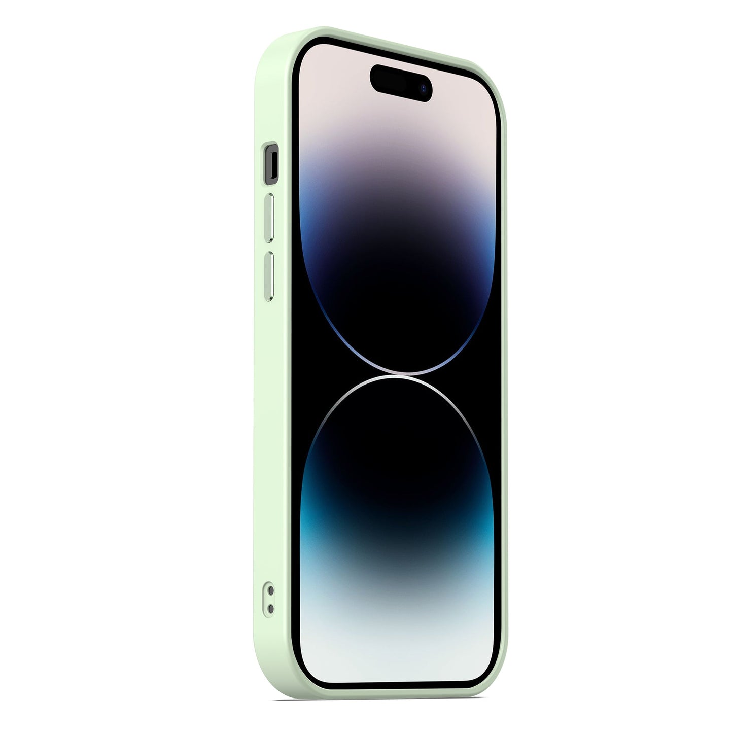 Ein grünes iPhone 15 Pro mit abgerundeten Displayrändern steht aufrecht, mit dem Bildschirm nach vorne, in der MR PROTECT iPhone 15 Pro Hülle Matt von MR PROTECT. Auf dem Bildschirm ist ein Verlaufshintergrund mit dunklen und hellen Kreisformen zu sehen.