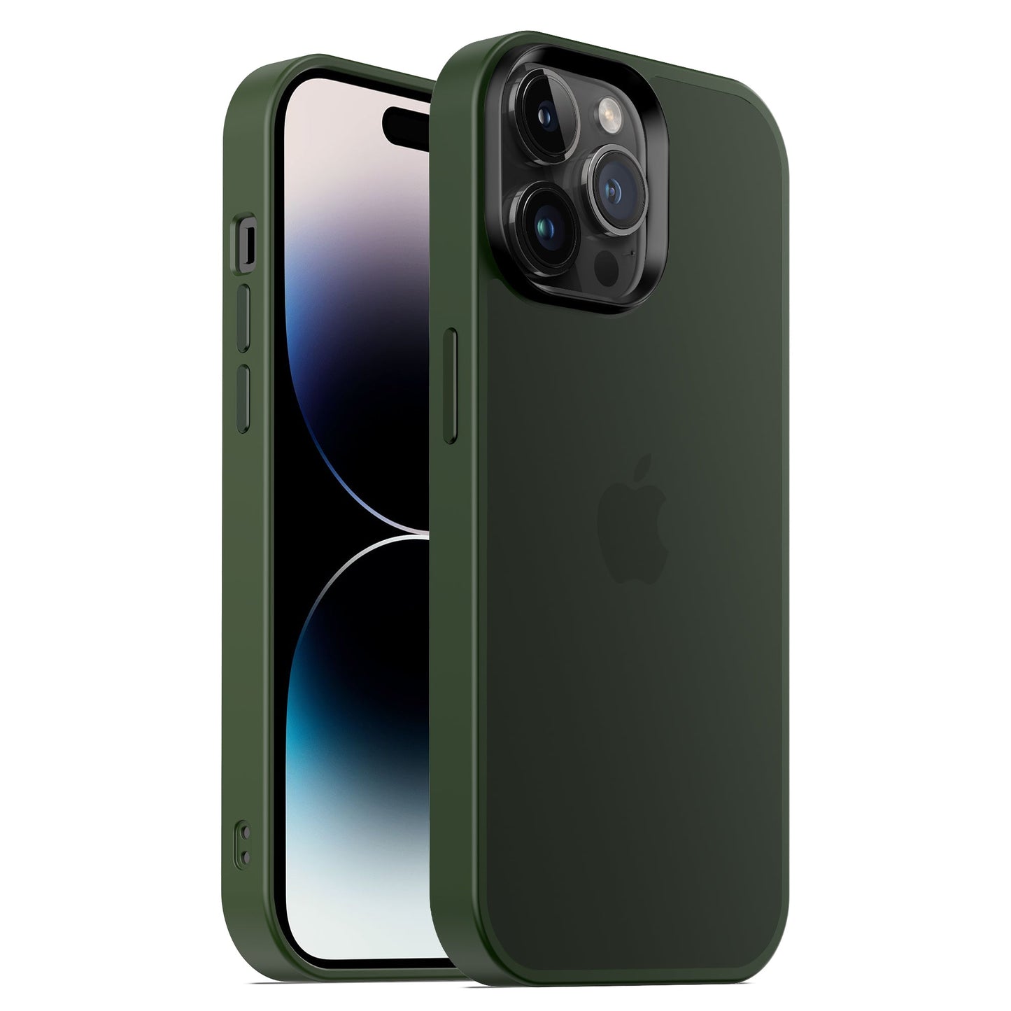 Die MR PROTECT iPhone 15 Pro Hülle Matt von MR PROTECT in Grün im minimalistischen Matt-Look wird auf einem iPhone vor dunklem Hintergrund präsentiert. Die stoßabsorbierende TPU-Silikon-Hülle zeigt Apple-Logo, Kamera sowie Vorder- und Rückseite.