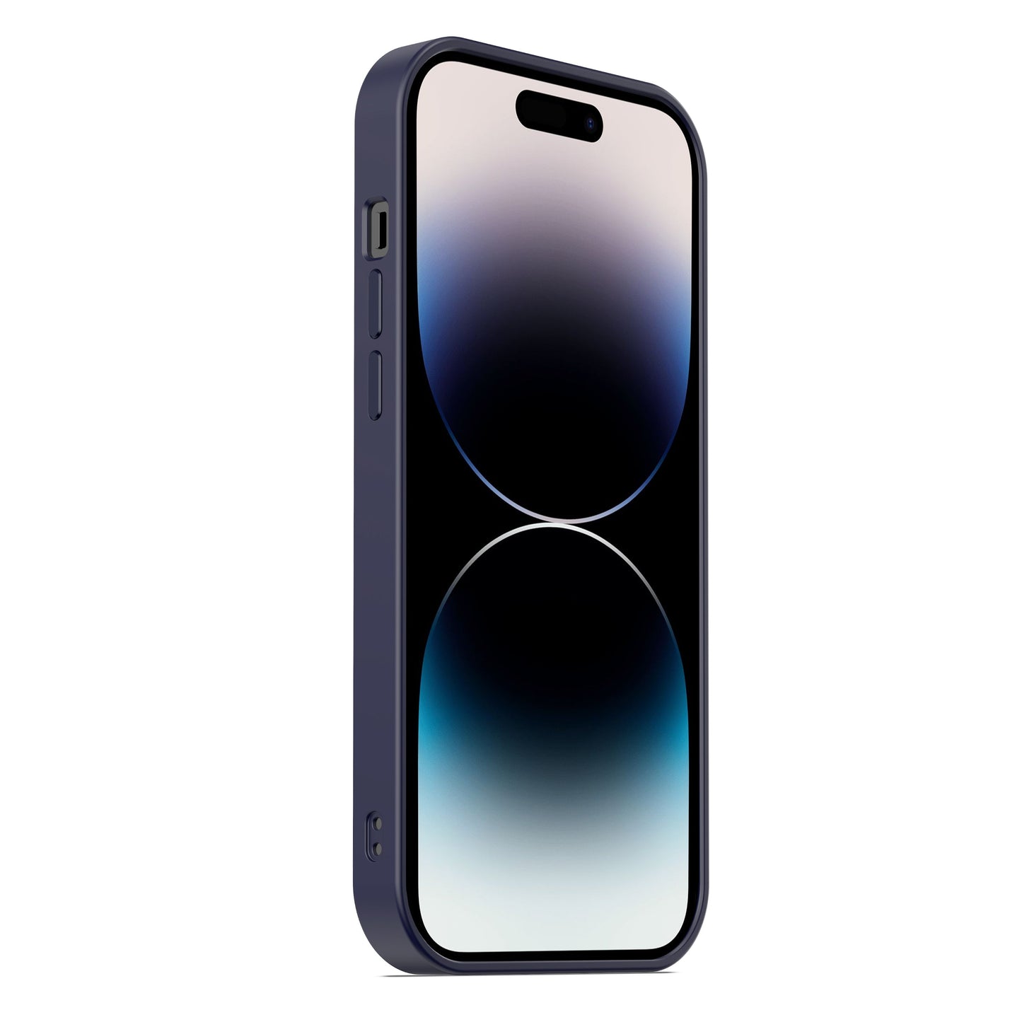 Ein modernes Smartphone mit dunklem Rahmen ist aus einem leichten Seitenwinkel zu sehen, geschützt durch das MR PROTECT iPhone 15 Pro Case Matt. Das Display zeigt ein abstraktes Farbverlaufsdesign mit kreisförmigen Formen in Schwarz, Blau und Weiß.