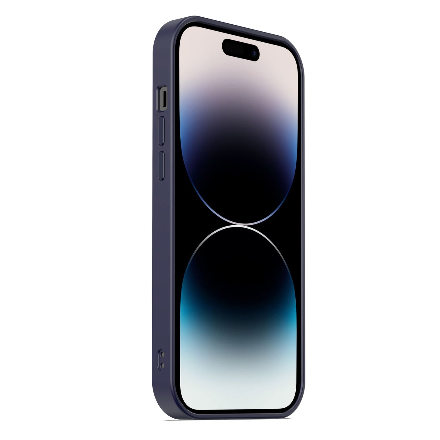 Das MR PROTECT iPhone 15 Case Matt von MR PROTECT wird schräg mit einem dunklen Metallrahmen und minimalistischem Matt-Look gezeigt und verfügt über einen Bildschirm mit blauen, schwarzen und weißen Farbverläufen, die Ihren Stil ergänzen.