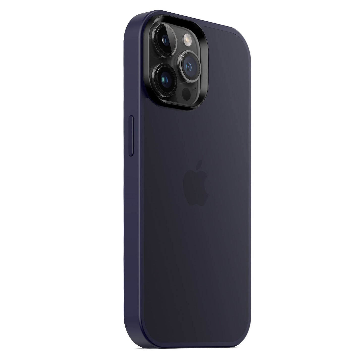 Ein dunkel gefärbtes iPhone 15 Pro mit drei Rückkameras und einem Blitz, von hinten links gesehen, mit dem Apple-Logo und geschützt durch das MR PROTECT iPhone 15 Pro Case Matt von MR PROTECT, das einen minimalistischen matten Look mit stoßdämpfendem TPU-Silikon bietet.