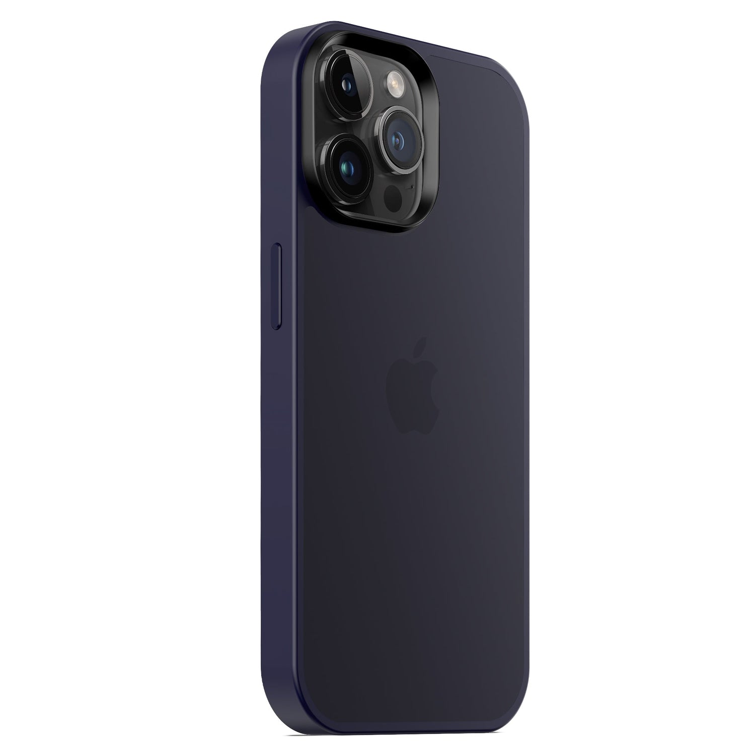Ein dunkel gefärbtes iPhone 15 Pro mit drei Rückkameras und einem Blitz, von hinten links gesehen, mit dem Apple-Logo und geschützt durch das MR PROTECT iPhone 15 Pro Case Matt von MR PROTECT, das einen minimalistischen matten Look mit stoßdämpfendem TPU-Silikon bietet.