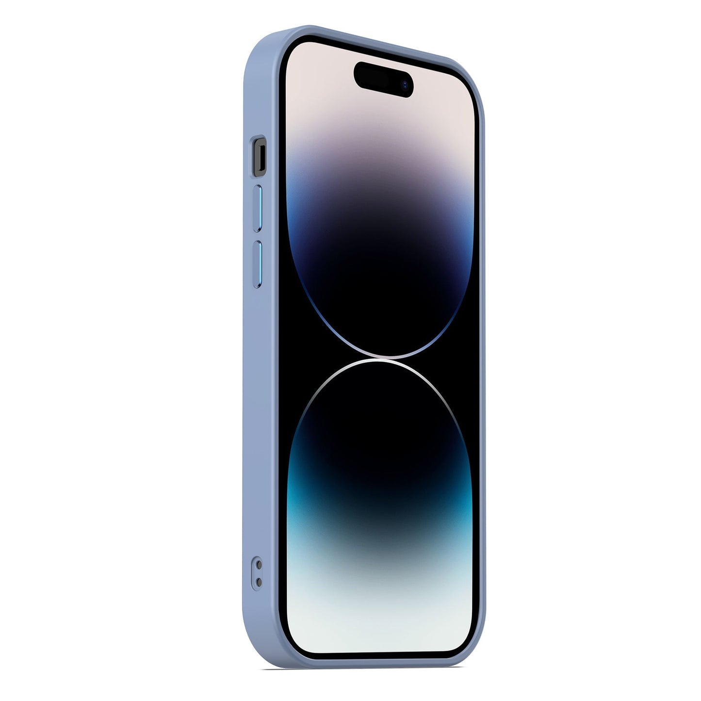 Ein iPhone 15 mit blauem Rahmen steht aufrecht und leicht schräg, geschützt durch das MR PROTECT iPhone 15 Case Matt von MR PROTECT. Auf dem Display sind abstrakte Kreise mit Farbverlauf zu sehen, seitliche Tasten und der Lautsprecheranschluss sind sichtbar.