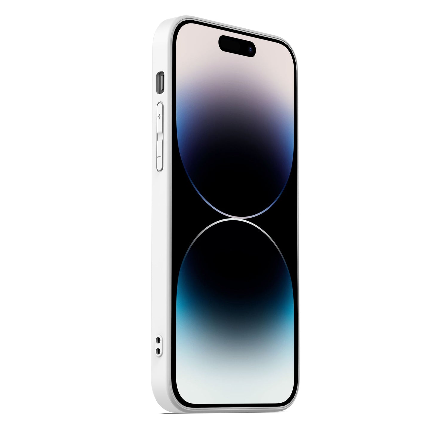 Ein elegantes weißes Smartphone mit großem, randlosem Display und abgerundeten Ecken, geschützt durch die MR PROTECT iPhone 15 Plus INVICTUS-Hülle für überragende Haltbarkeit und Stil.