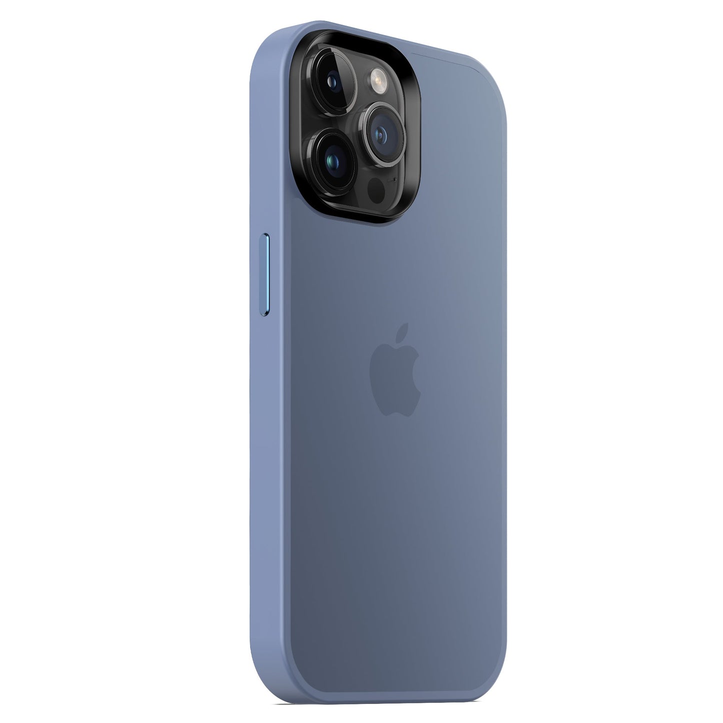Ein blaues iPhone 15 Pro steht aufrecht in einem MR PROTECT iPhone 15 Pro Case Matt von MR PROTECT im minimalistischen Matt-Look. Auf der Rückseite, in der oberen linken Ecke, sind das Apple-Logo und drei Kameralinsen sichtbar.