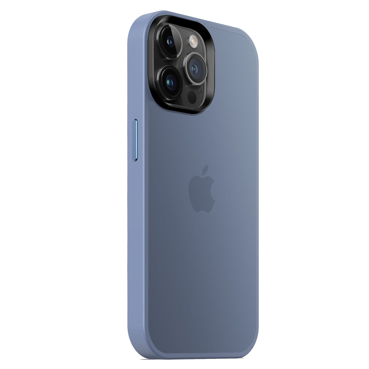 Ein blaues iPhone 15 Pro steht aufrecht in einem MR PROTECT iPhone 15 Pro Case Matt von MR PROTECT im minimalistischen Matt-Look. Auf der Rückseite, in der oberen linken Ecke, sind das Apple-Logo und drei Kameralinsen sichtbar.