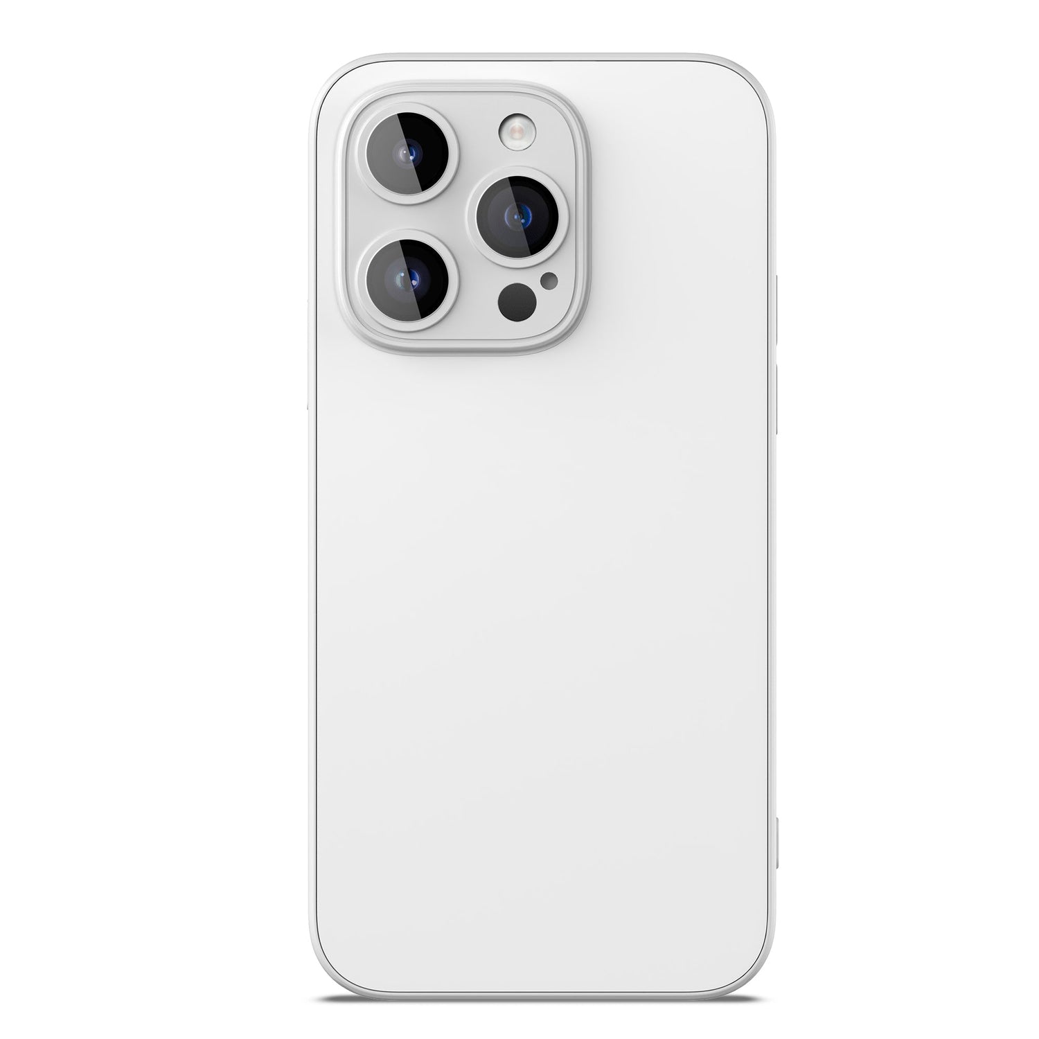 Eine weiße MR PROTECT iPhone 15 Plus INVICTUS-Hülle auf einem Smartphone, das ein minimalistisches Design mit drei Rückkameras, Kameraschutz und einem Blitz in einem quadratischen Modul in der oberen linken Ecke zeigt.