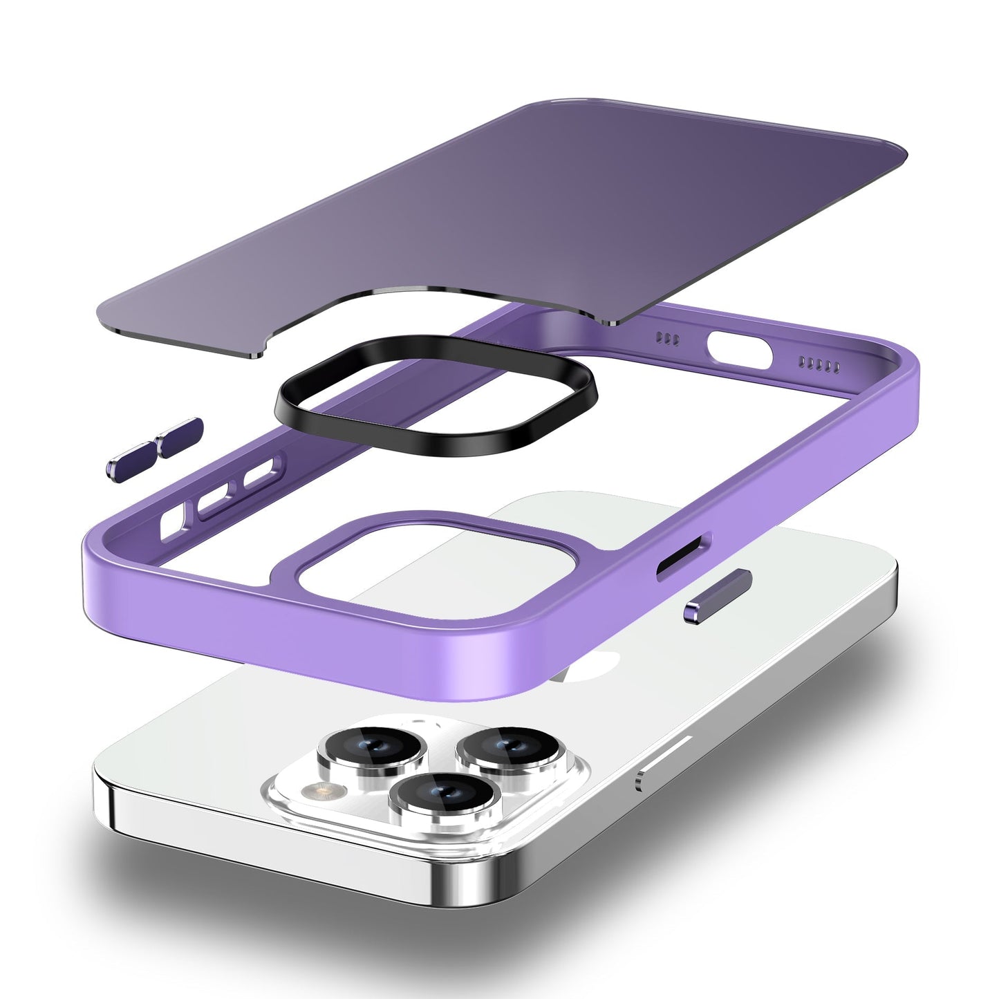 Eine Explosionsansicht des MR PROTECT iPhone 15 Case Matt von MR PROTECT: ein dreiteiliges, violettes, minimalistisches Case mit Stoßdämpfung, das Displayschutz, Rahmen mit Aussparungen und über dem Telefon ausgerichteten Kameraring zeigt.