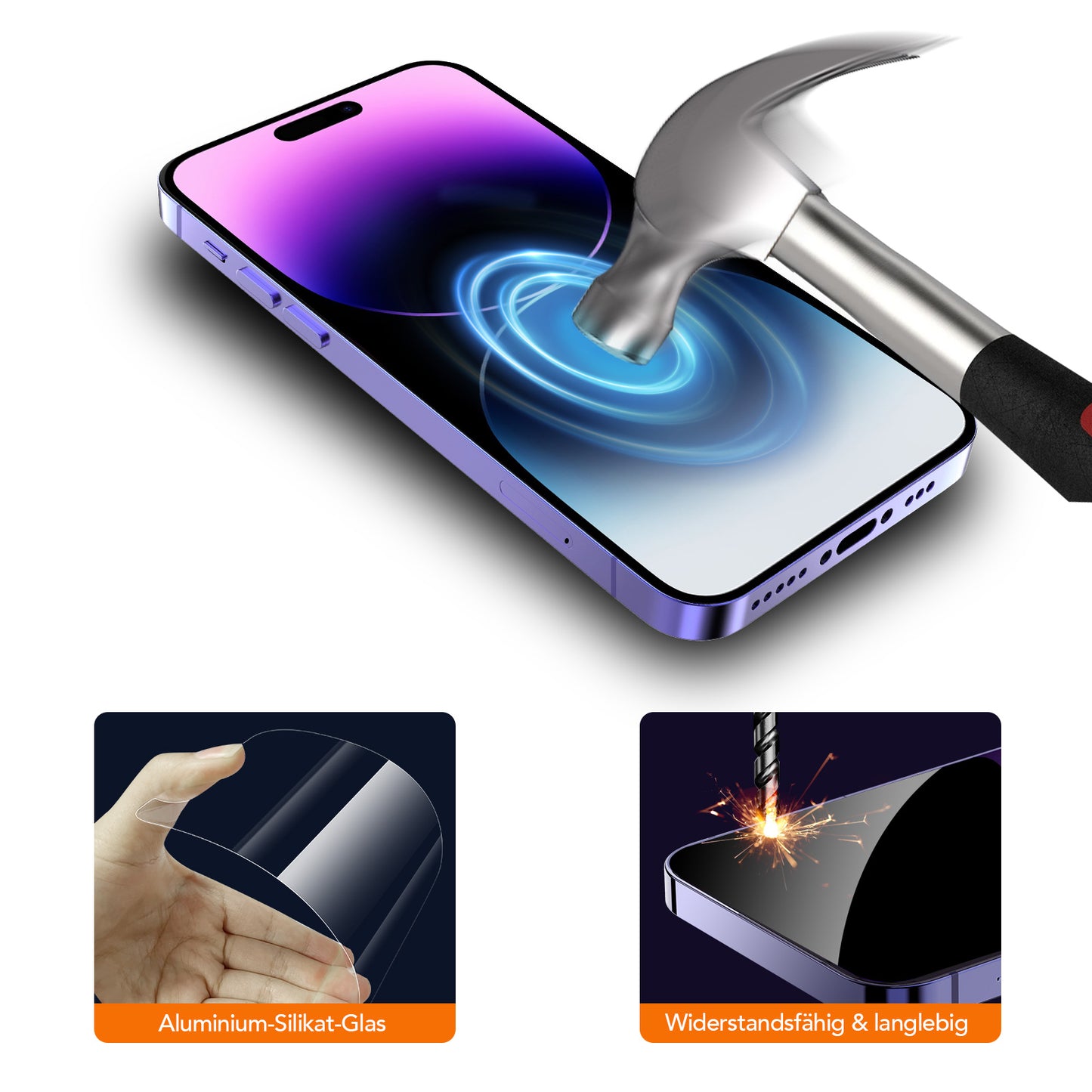 Ein Hammer schlägt auf einen Telefonbildschirm und unterstreicht die Haltbarkeit, Kratzfestigkeit und oleophobe Beschichtung des Arktis 2er Set iPhone REVOLUTION Glas-Displayschutz.