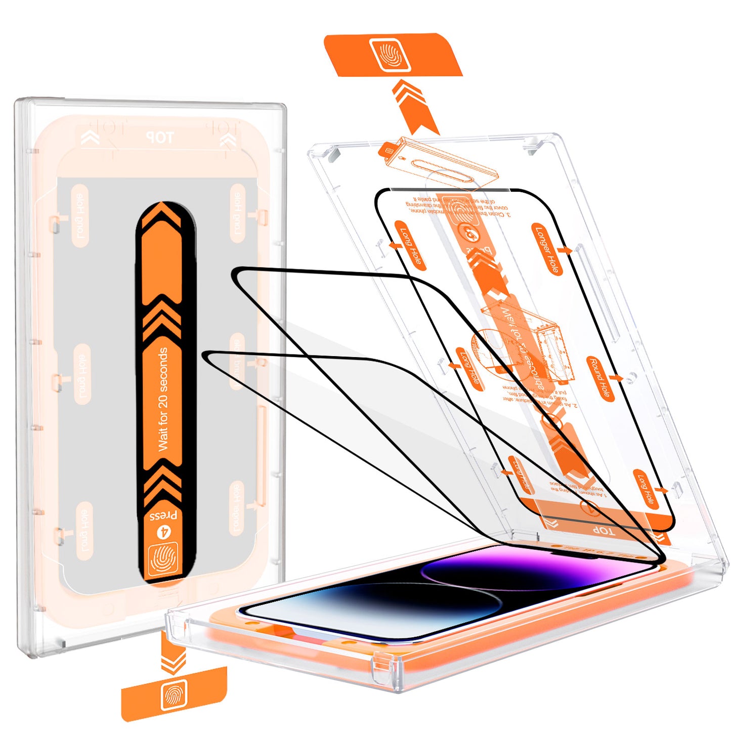Das Arktis 2er Set iPhone REVOLUTION Glas-Displayschutz wird mit einem Installationskit inklusive Ausrichtungsschiene, Führungsaufklebern und Anleitungssymbolen gezeigt. Über der EZ.INSTALL-Box befinden sich mehrere transparente Schichten auf einem Smartphone mit schwarzen Rändern.