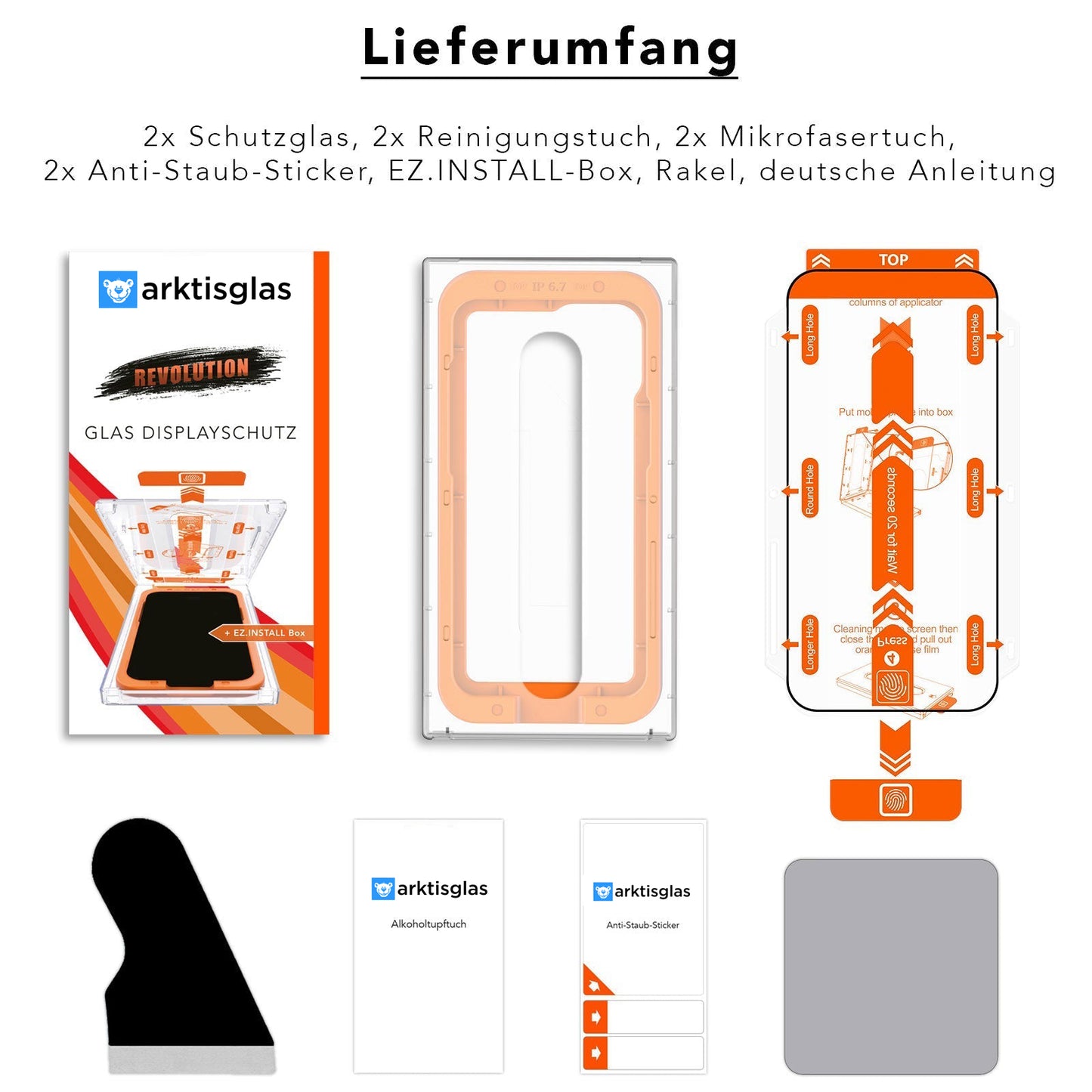 Das Arktis 2er Set iPhone REVOLUTION Glas-Displayschutz-Kit enthält zwei Displayschutzfolien, zwei Reinigungs- und Mikrofasertücher, Anti-Staub-Aufkleber, eine EZ.INSTALL-Box, einen Abzieher und eine deutsche Anleitung.