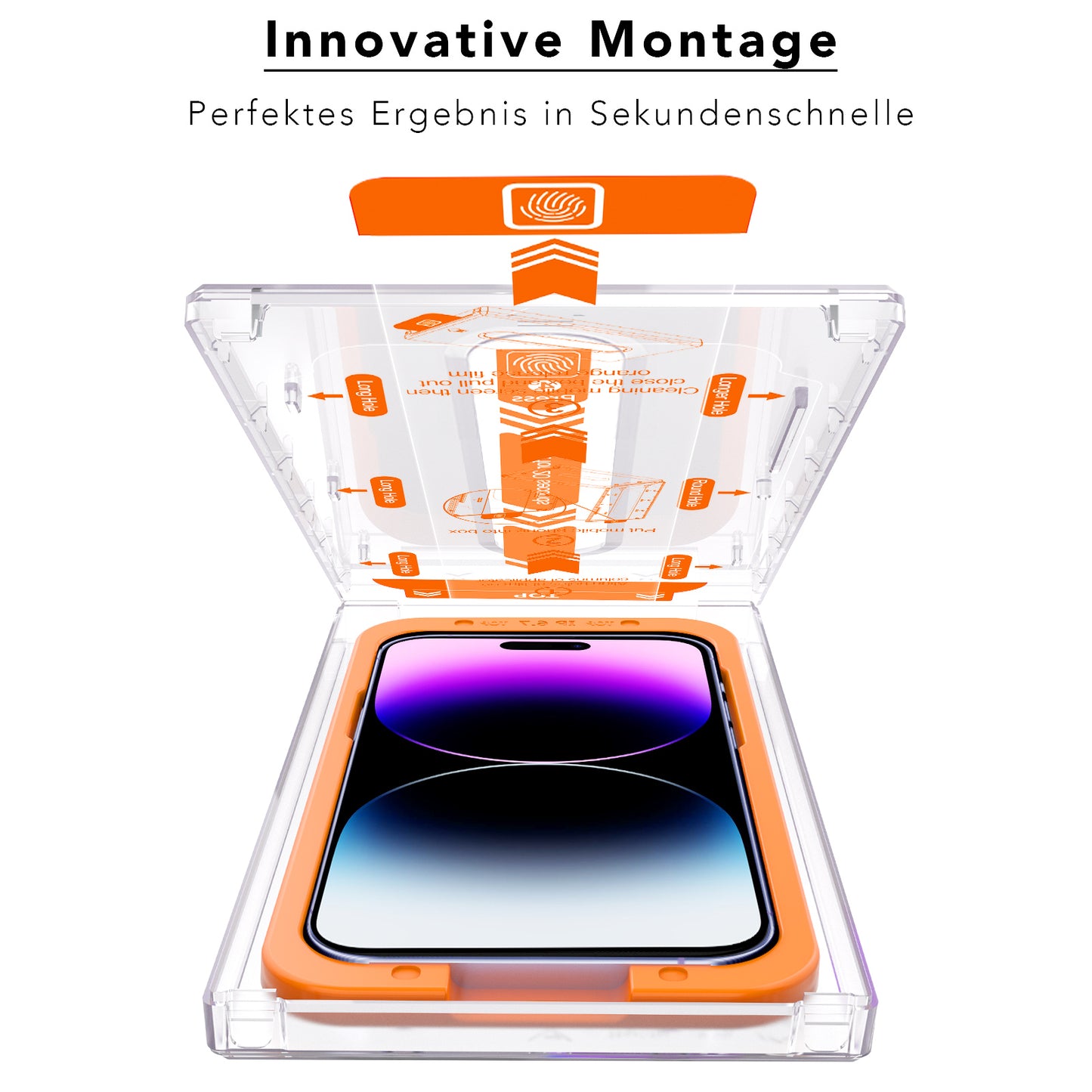 In einer durchsichtigen EZ.INSTALL-Box mit orangefarbenem Rahmen befindet sich ein Smartphone, während der deutsche Text „Innovative Montage“ und „Perfektes Ergebnis in Sekundenschnelle“ lautet. Ideal für Arktis 2er Set iPhone REVOLUTION Glas-Displayschutz von Arktis.