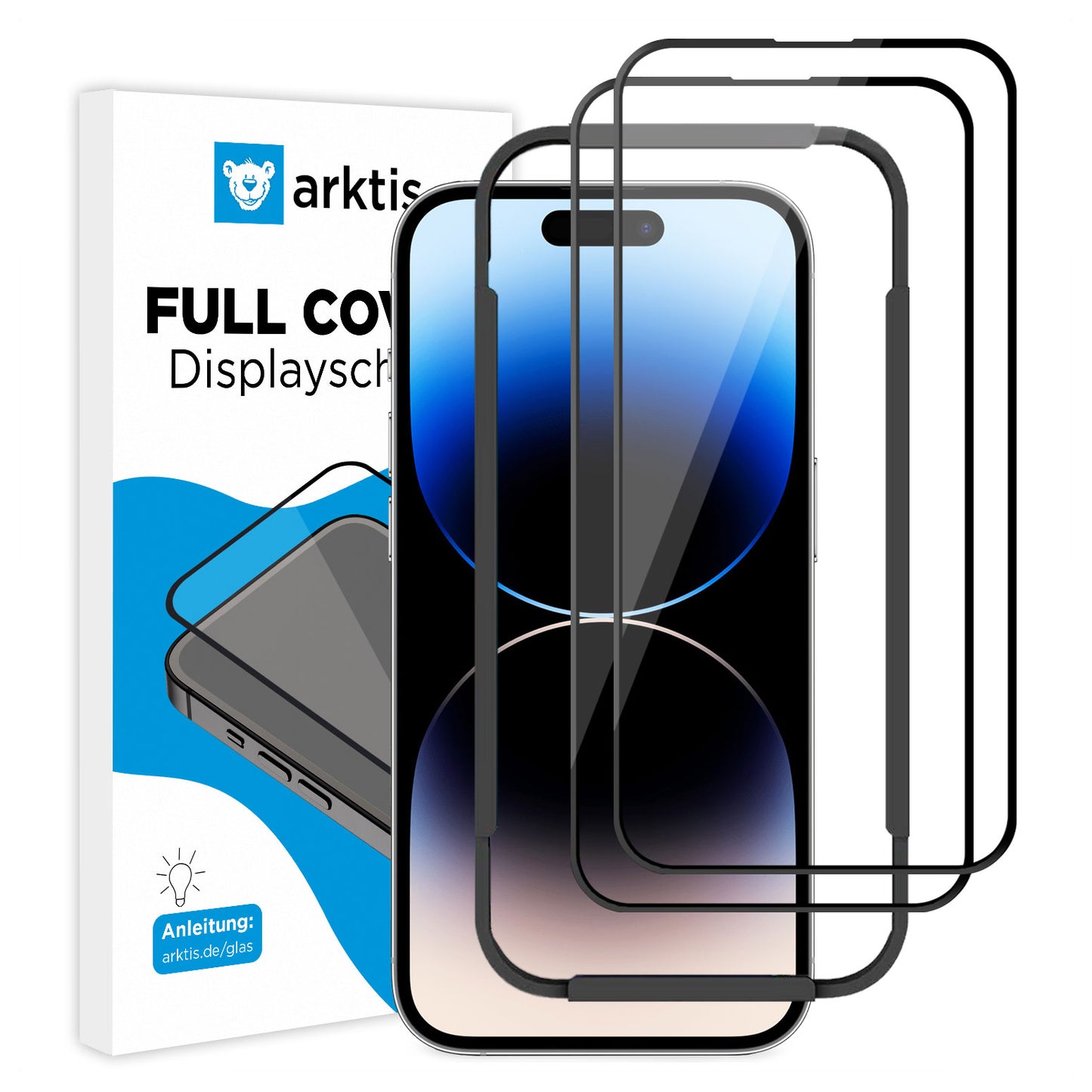 Ein iPhone 14 Pro mit zwei hüllenfreundlichen ArktisPRO FULL COVER Displayschutz GLAS Displayschutzfolien (9H Härtegrad) in einer Box mit der Aufschrift ArktisPRO iPhone 14 Pro Displayschutz, 2er Set.