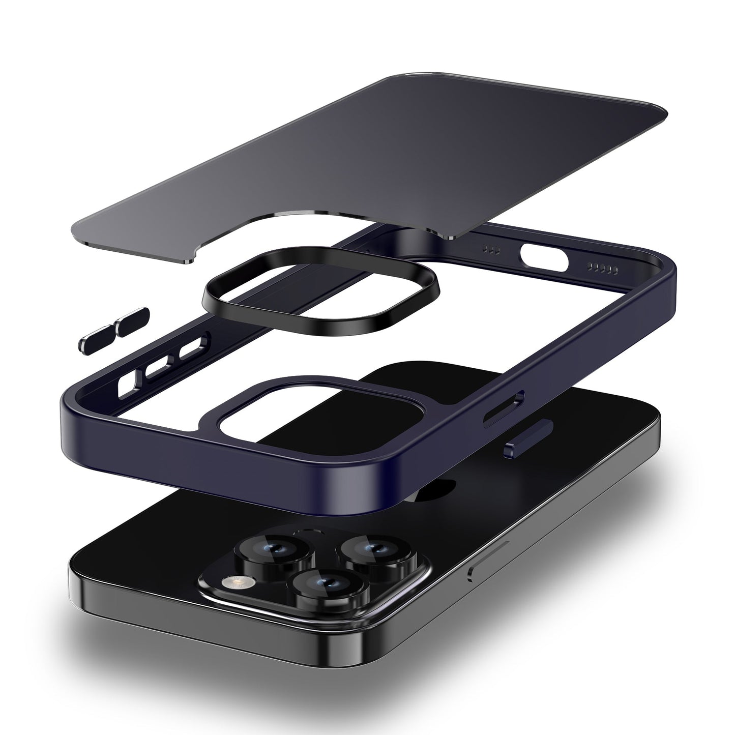 Explosionsansicht eines iPhones mit der stoßabsorbierenden, matten Arktis iPhone Air Solid Hülle und den darüber schwebenden Komponenten auf weißem Hintergrund.