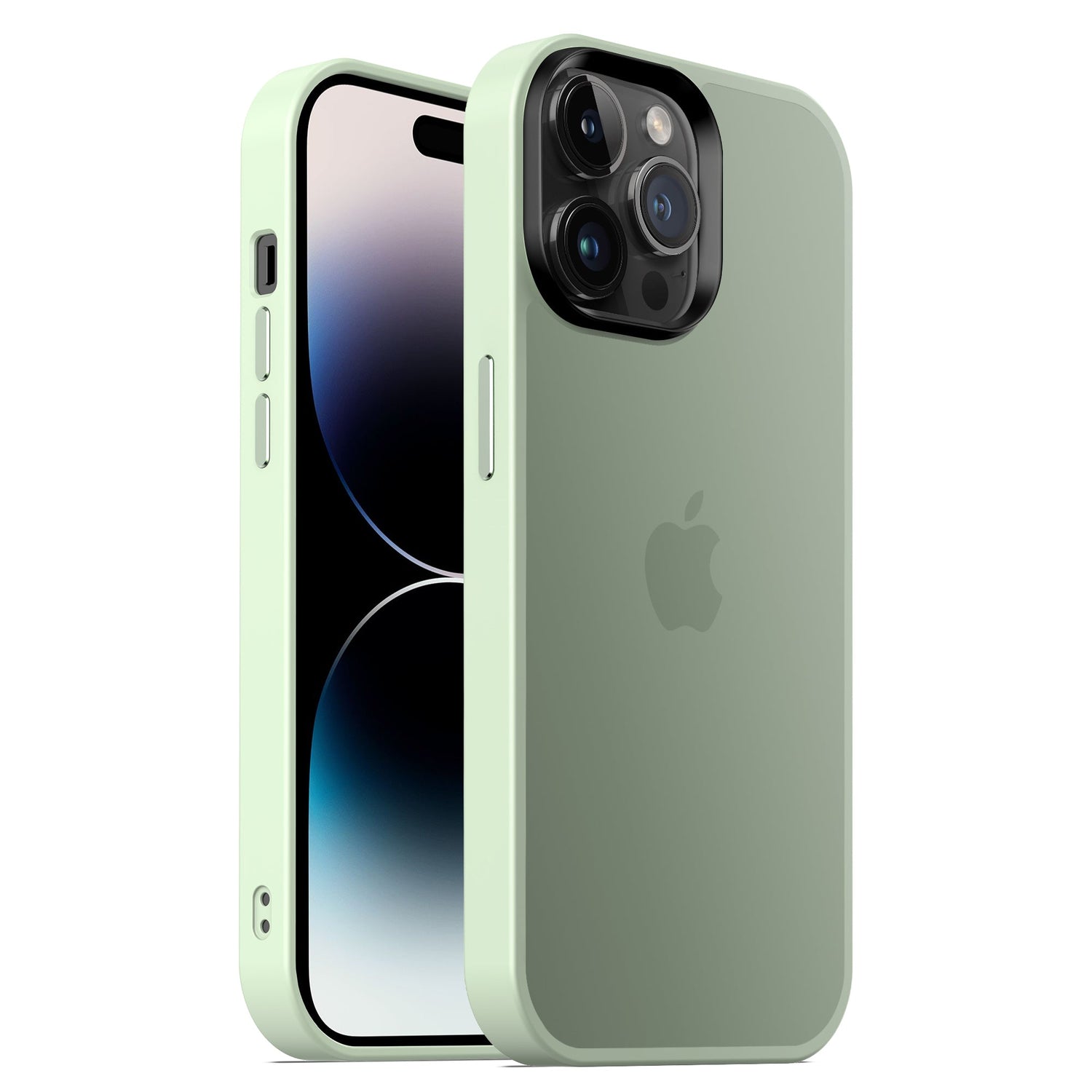 Das MR PROTECT iPhone 15 Pro Case Matt, eine grüne, stoßdämpfende TPU-Silikonhülle mit minimalistischem Matt-Finish, ist auf dem Telefon von vorne und hinten zu sehen. Es hebt drei Kameralinsen, das Apple-Logo und ein dunkles Farbverlaufs-Hintergrundbild hervor.