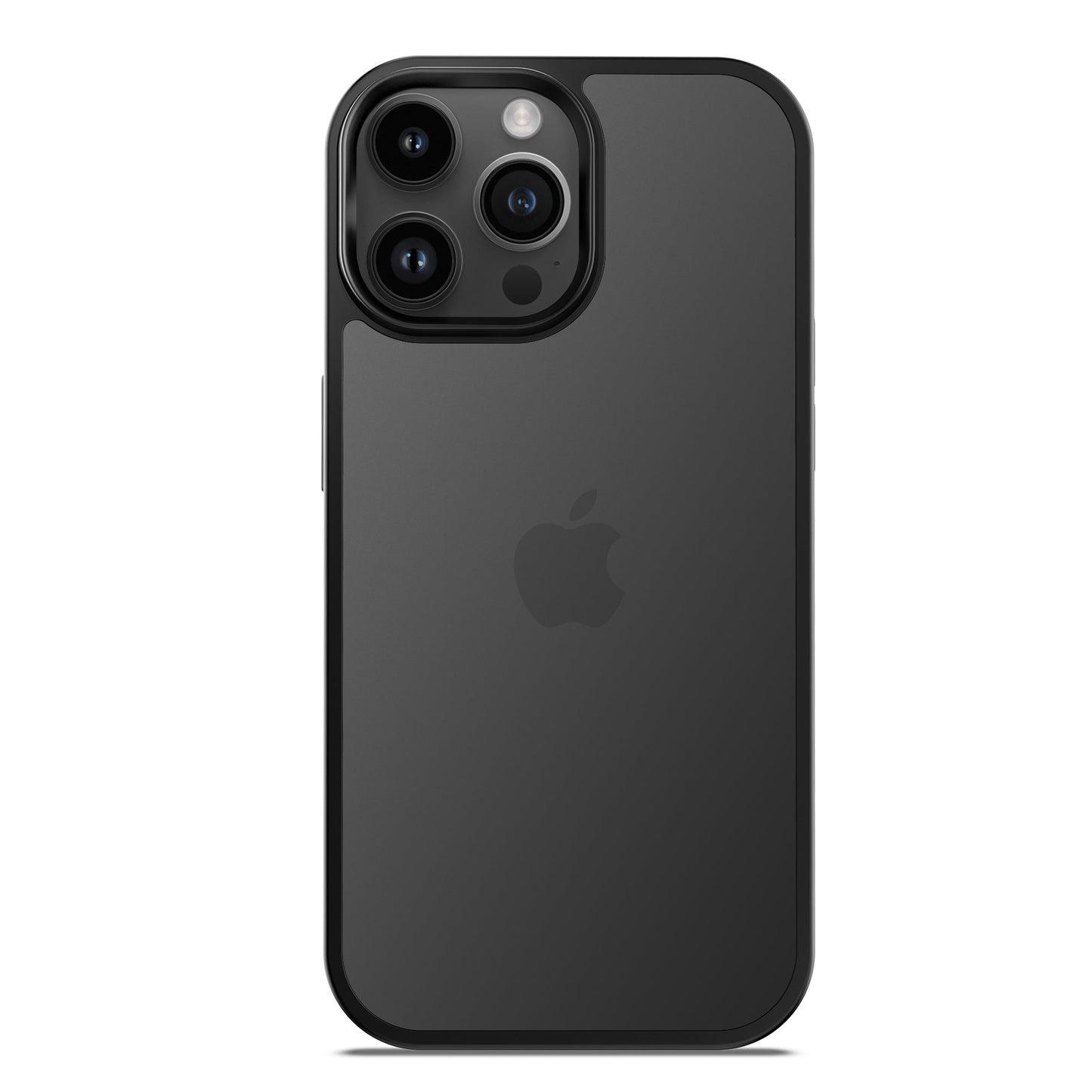 Eine schwarze MR PROTECT iPhone 15 Pro Hülle Matt schützt ein iPhone 15 Pro mit drei Rückkameras und einem Blitz oben links. Sie verfügt über eine stoßdämpfende, matte TPU-Silikon-Oberfläche. Das Apple-Logo befindet sich mittig auf der Rückseite.