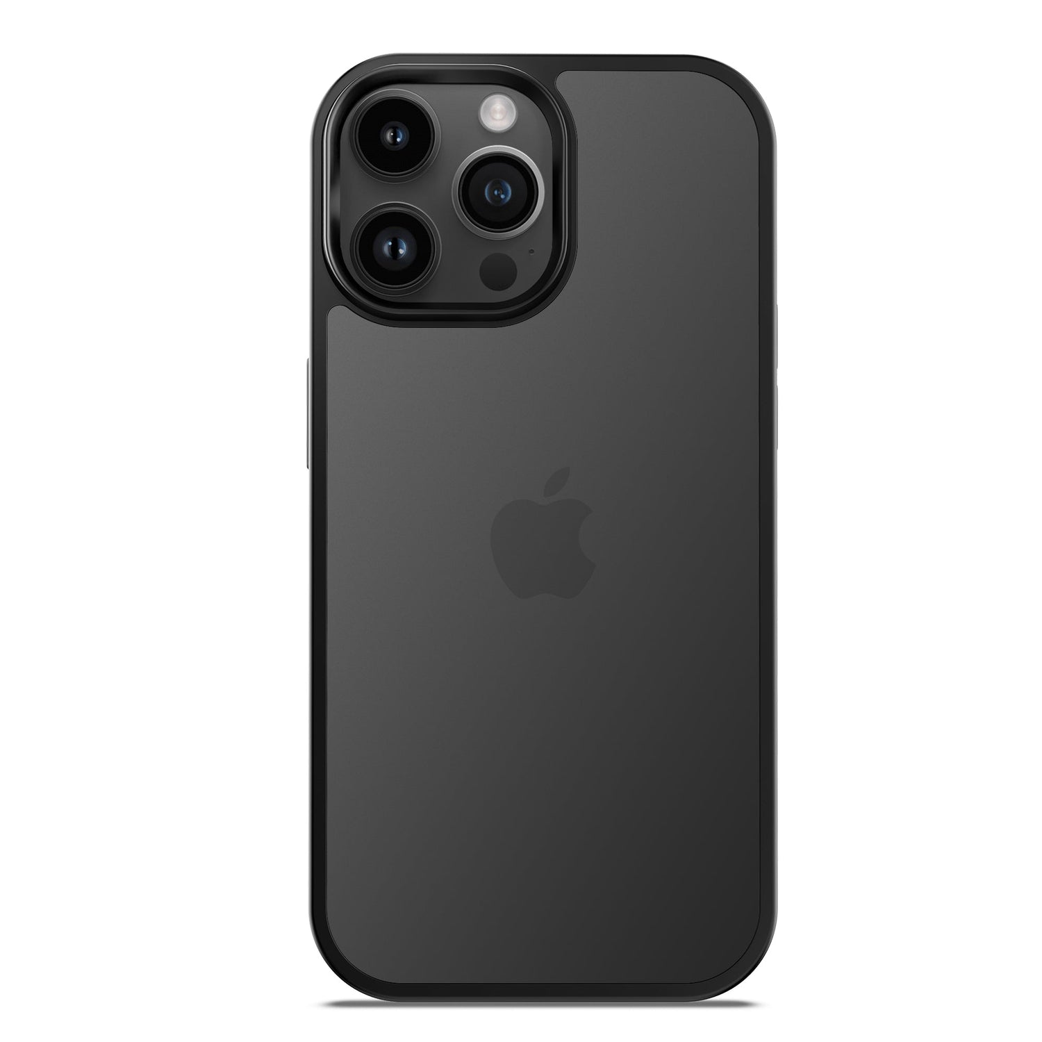 Eine schwarze MR PROTECT iPhone 15 Pro Hülle Matt schützt ein iPhone 15 Pro mit drei Rückkameras und einem Blitz oben links. Sie verfügt über eine stoßdämpfende, matte TPU-Silikon-Oberfläche. Das Apple-Logo befindet sich mittig auf der Rückseite.
