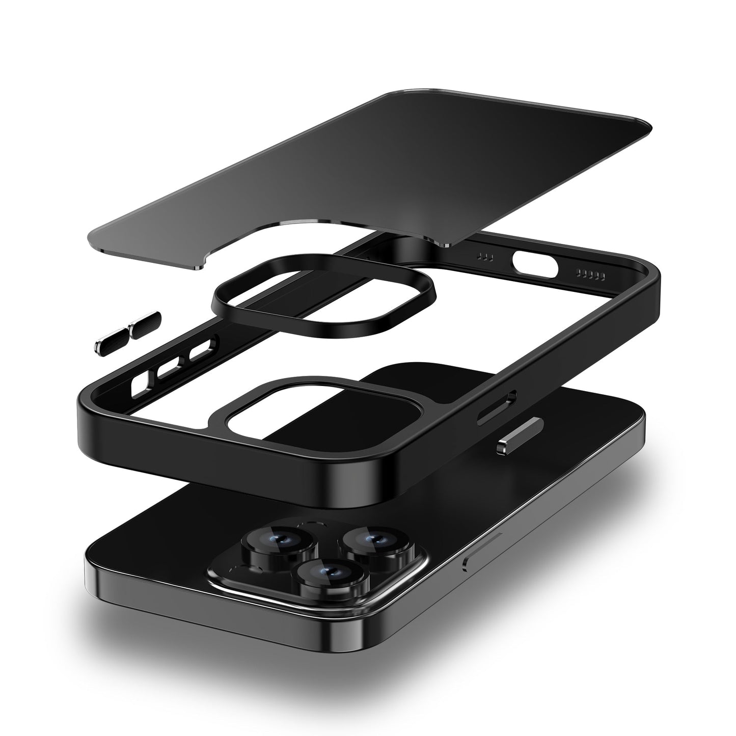 Eine Explosionsansicht des MR PROTECT iPhone 15 Pro Max MagSafe Case Matt von MR PROTECT in Schwarz, die die stoßdämpfende TPU-Silikon-Außenhülle, den Rahmen, die Tasteneinsätze und das freiliegende Telefon mit Linsen – isoliert auf Weiß – zeigt.