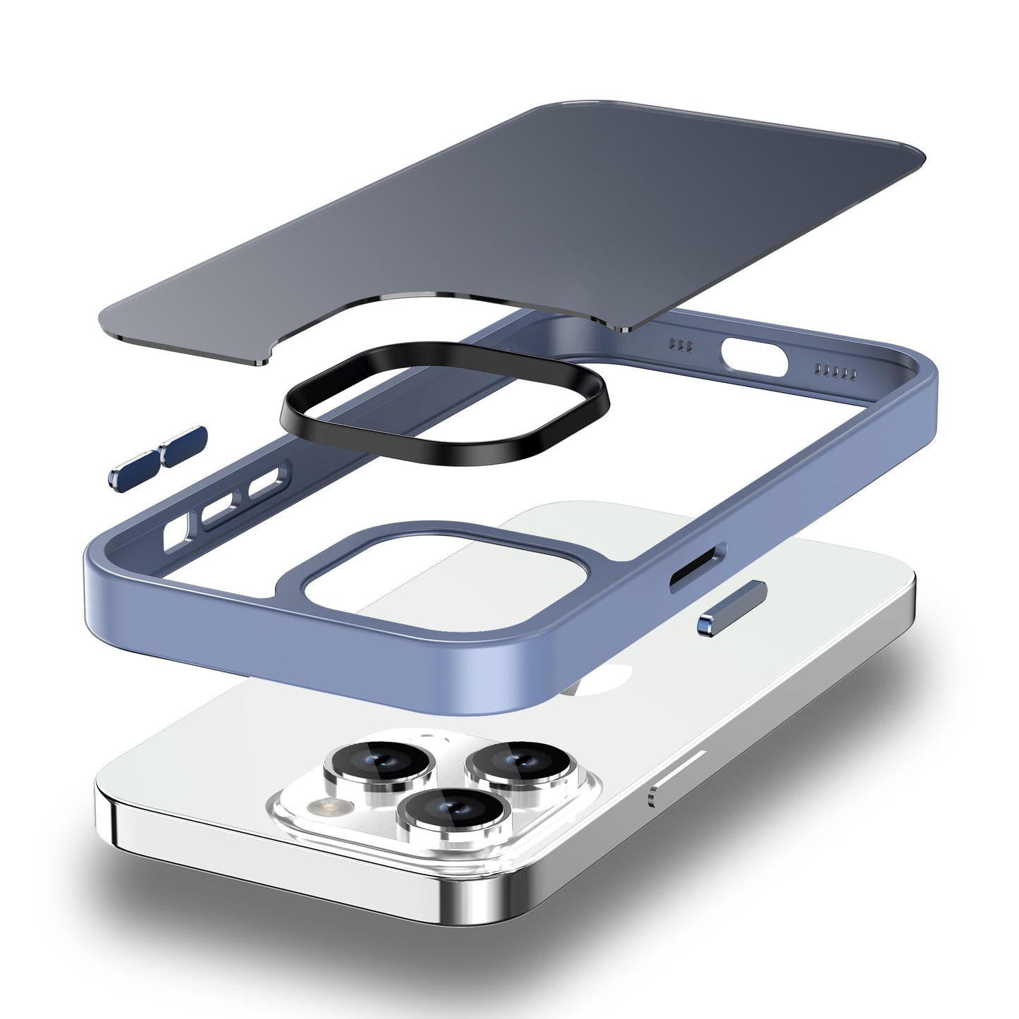 Explosionszeichnung des Arktis iPhone Air Solid Case von Arktis in Blau, mit mattem Finish, transparenter Abdeckung und separatem stoßabsorbierendem Schutz für die Kameralinse.