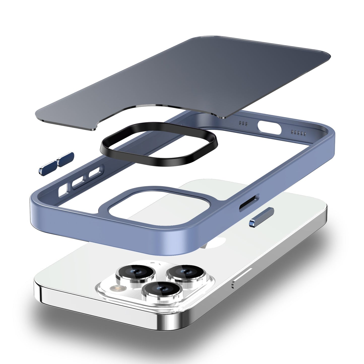Eine Explosionsansicht des MR PROTECT iPhone 15 Pro Max MagSafe Case Matt zeigt seine Schichten: Displayschutz, Kameraring, einen blauen Rahmen aus stoßdämpfendem TPU-Silikon und ein weißes Telefon mit drei Kameras auf der Rückseite. Marke: MR PROTECT.