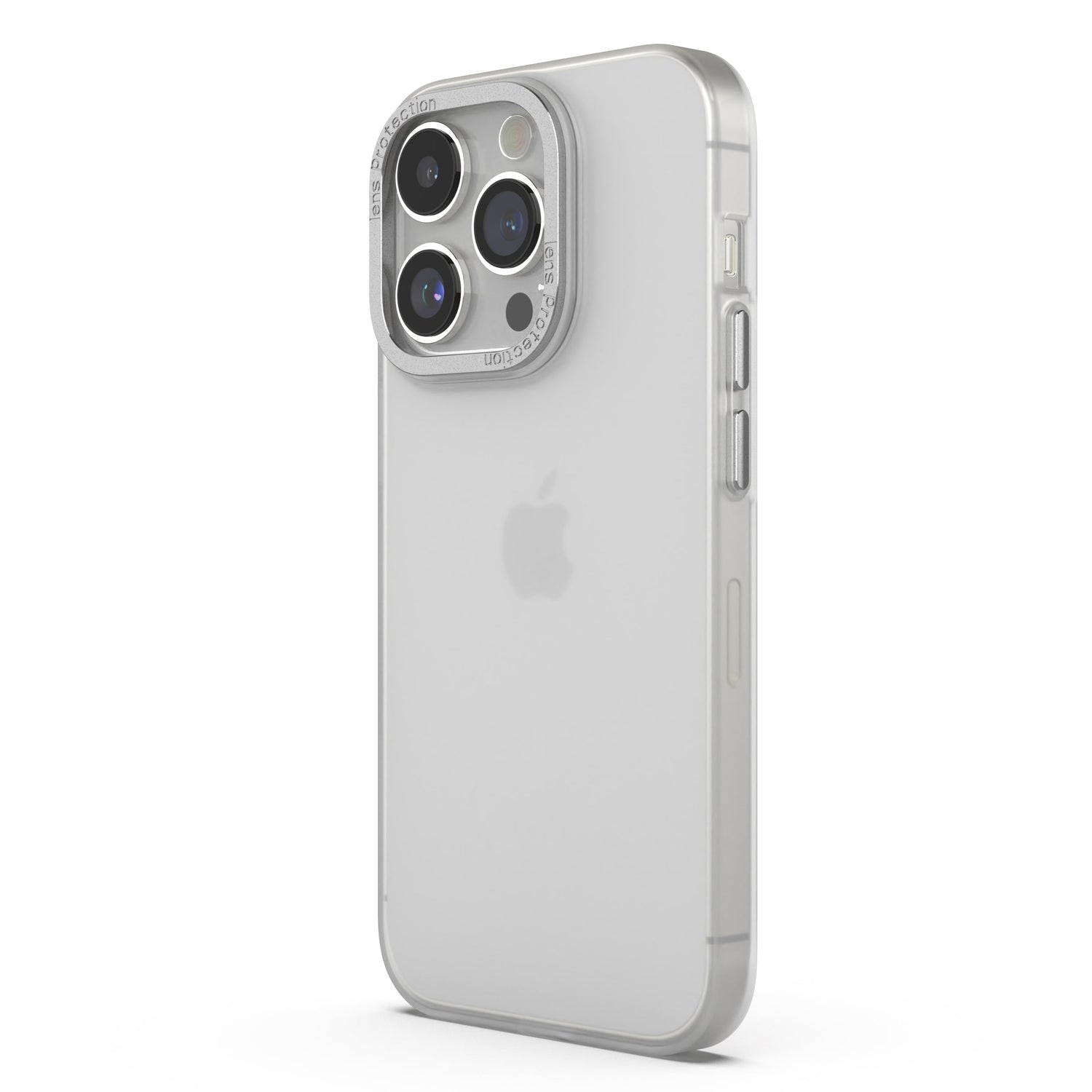 Das MR PROTECT iPhone 15 Pro Max FROZEN Case ist ein klares, widerstandsfähiges Polycarbonat-Case in transluzenter Optik für Ihr silbernes iPhone mit drei rückseitigen Kameralinsen und dem Apple-Logo.