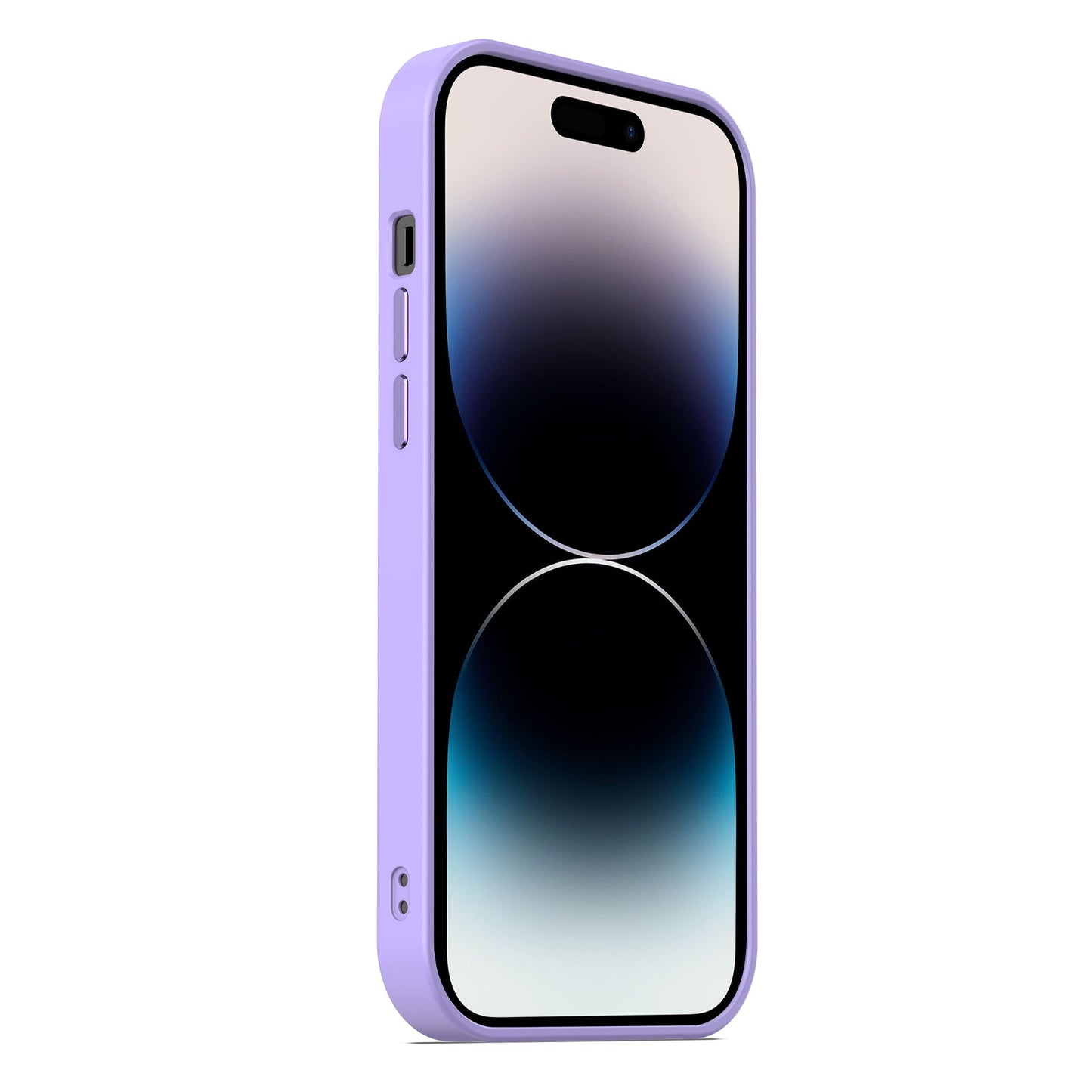 Ein Smartphone mit der MR PROTECT iPhone 15 Hülle Matt in Lila steht leicht schräg. Das matte Minimaldesign zeigt sichtbare Seitentasten und Kameraausschnitt, das abstrakte Farbverlauf-Display und stoßabsorbierenden Schutz.