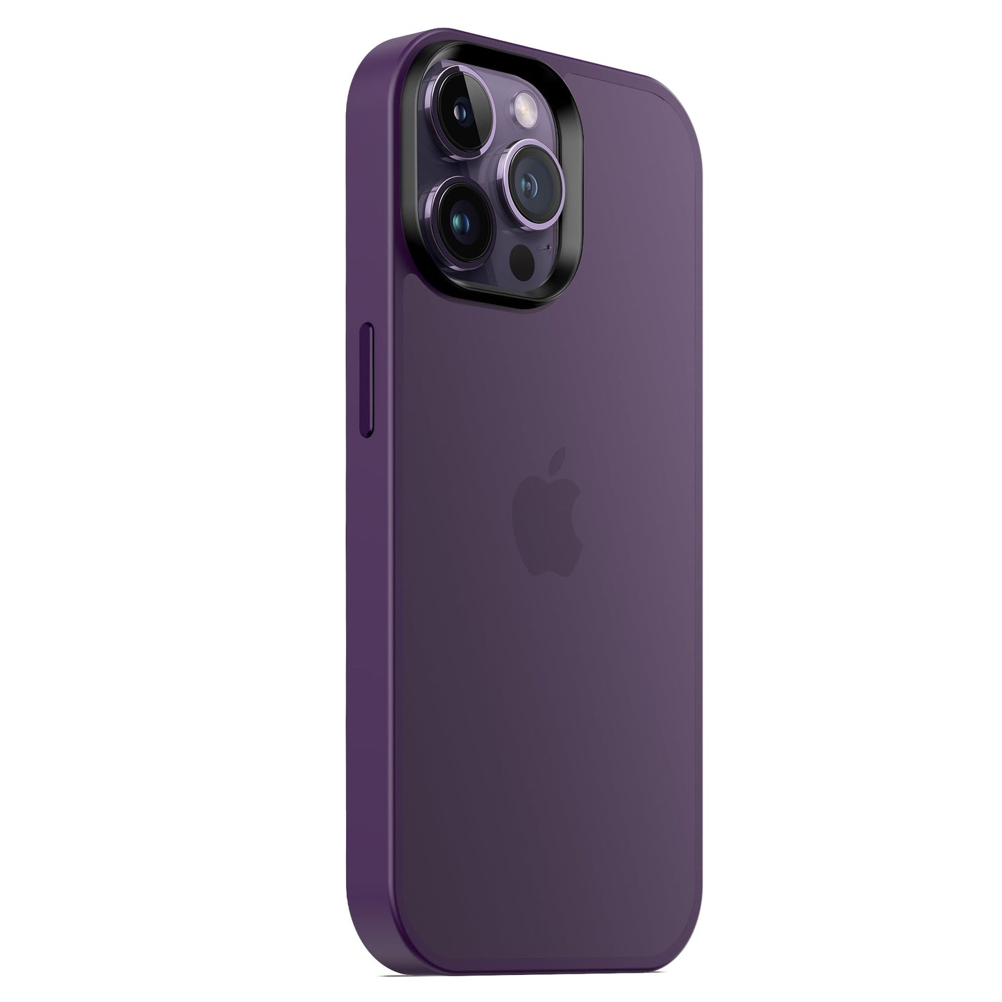 Das MR PROTECT iPhone 15 Pro Case Matt der Marke MR PROTECT schützt ein aufrecht stehendes lila iPhone mit drei Kameras und betont das glatte, minimalistische Matt-Design sowie das Apple-Logo.