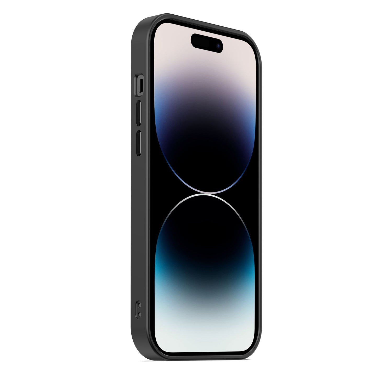 Ein schwarzes MR PROTECT iPhone 15 Pro Max MagSafe Case Matt mit stoßabsorbierendem TPU-Silikon und abgerundeten Kanten ist von vorne links mit sichtbaren Seitentasten und einem großen Display auf einem dunklen Farbverlaufshintergrund zu sehen.