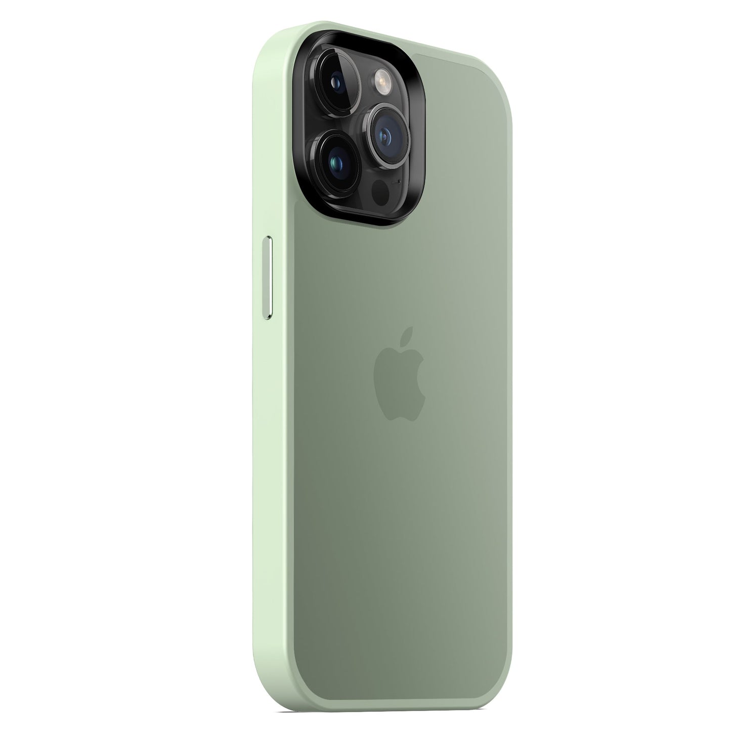Ein grünes iPhone mit dem MR PROTECT iPhone 15 Pro Case Matt von MR PROTECT in minimalistischer Mattoptik steht schräg aufrecht und zeigt auf der Rückseite das Apple-Logo und die Dreifachkamera.