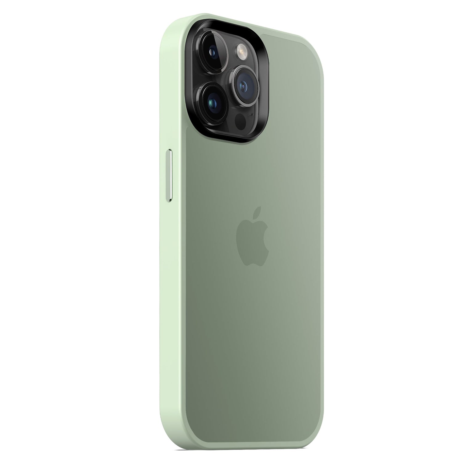 Ein grünes iPhone mit dem MR PROTECT iPhone 15 Pro Case Matt von MR PROTECT in minimalistischer Mattoptik steht schräg aufrecht und zeigt auf der Rückseite das Apple-Logo und die Dreifachkamera.