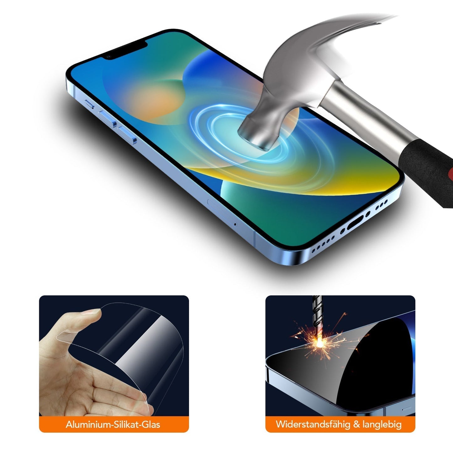 Ein Hammerschlag auf ein iPhone mit Arktis arktis 2er Set iPhone REVOLUTION Glas-Displayschutz demonstriert dessen Robustheit. Bilder zeigen das gebogene Glas und einen Bohrer im Glas, der das robuste Aluminiumsilikatmaterial im deutschen Text hervorhebt.