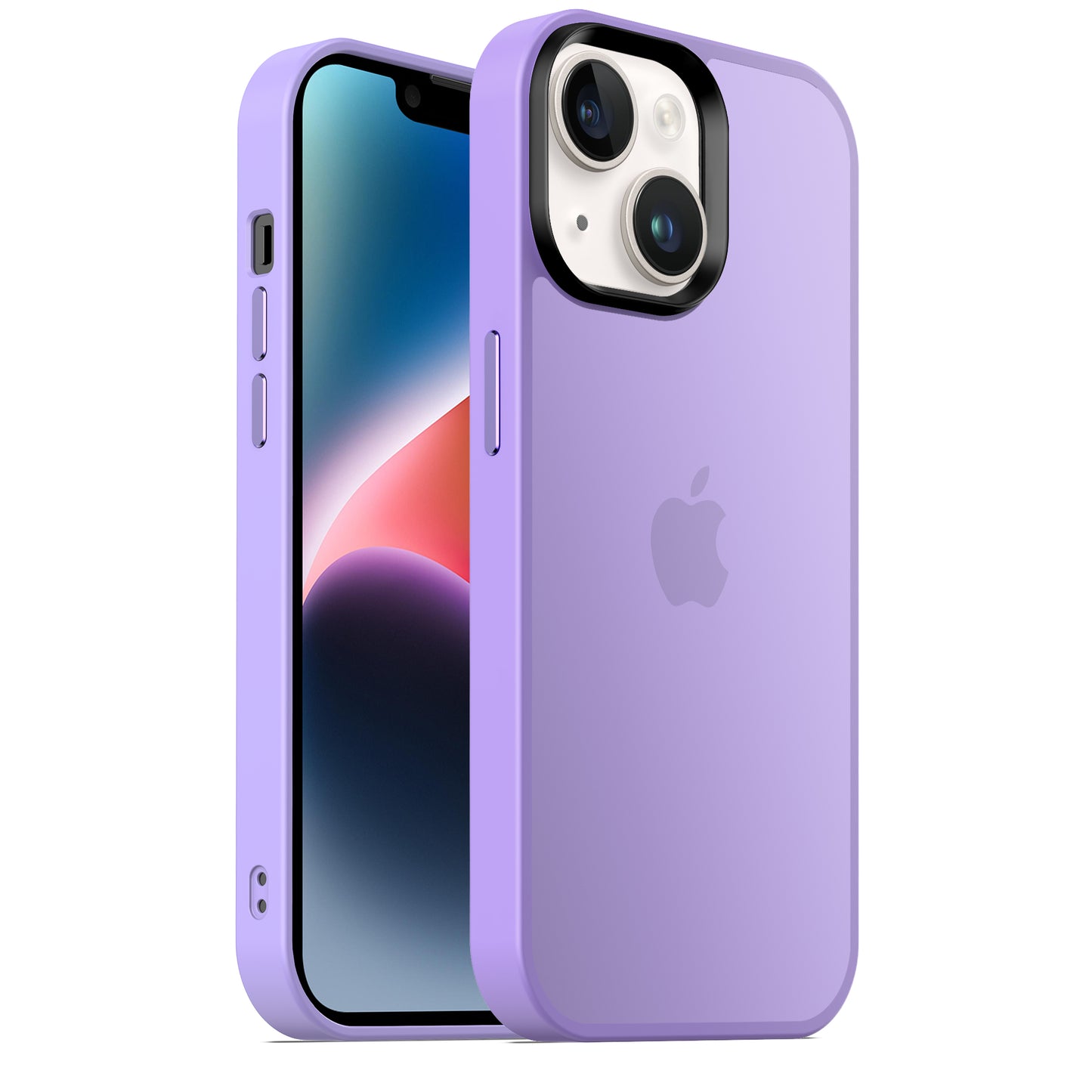 Eine hellviolette MR PROTECT iPhone 15 Hülle Matt mit Stoßabsorption und minimalistischem Matt-Look wird auf einem Smartphone mit zwei Rückkameras und eingeschaltetem Bildschirm angezeigt, der den bunten Hintergrund und das sichtbare Apple-Logo anzeigt.