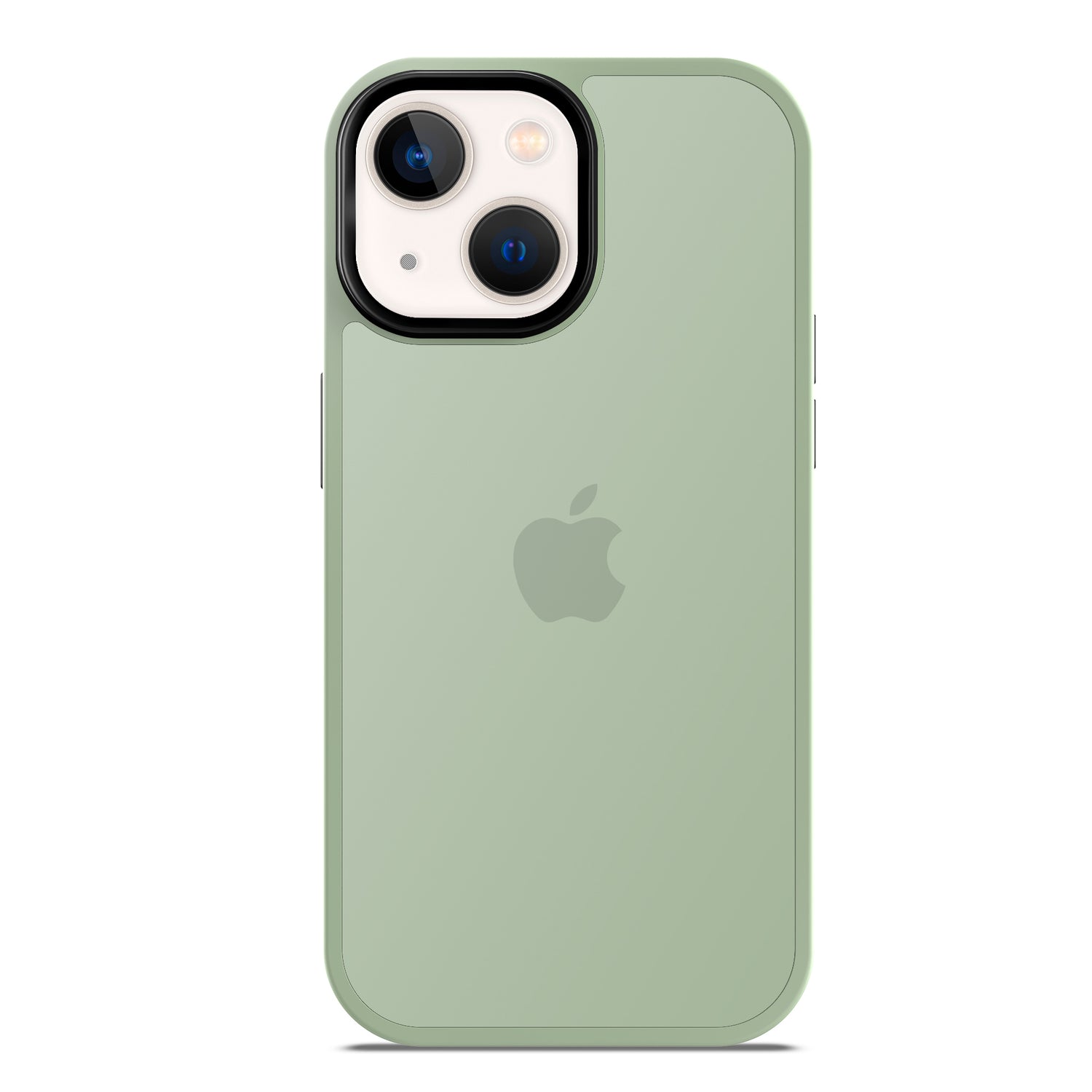 Abgebildet ist ein grünes iPhone mit dem MR PROTECT iPhone 14 Case Matt von MR PROTECT aus stoßabsorbierendem TPU-Silikon von der Rückseite. Mittig befindet sich das Apple-Logo, oben links befinden sich zwei Kameras und ein Blitz.