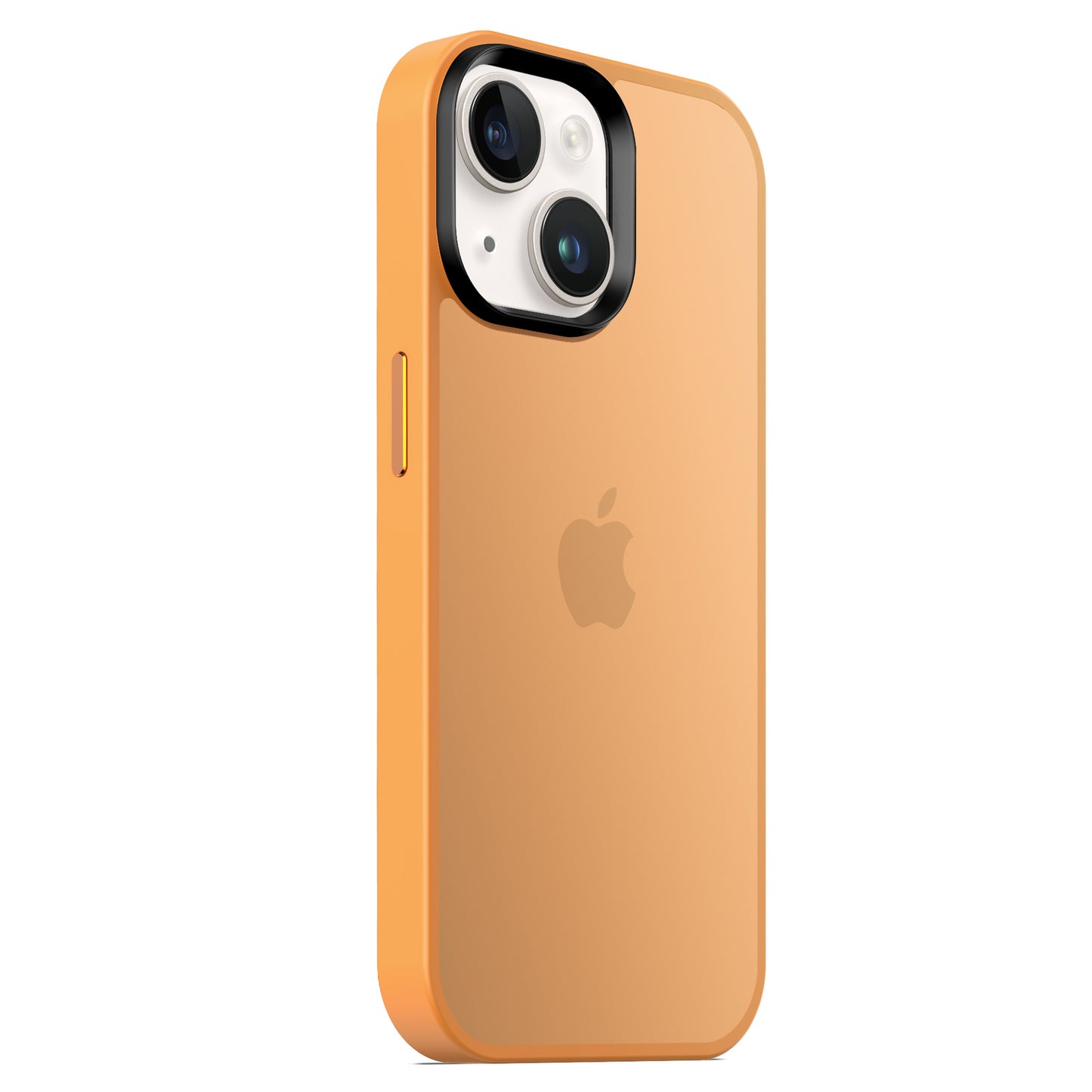Ein orangefarbenes iPhone 15 mit Dual-Kamera auf der Rückseite und Apple-Logo wird in einer matten iPhone 15-Hülle von MR PROTECT mit minimalistischem Matt-Look präsentiert. Das Telefon ist so abgewinkelt, dass die linke Kante und ein Teil der Rückseite sichtbar sind.
