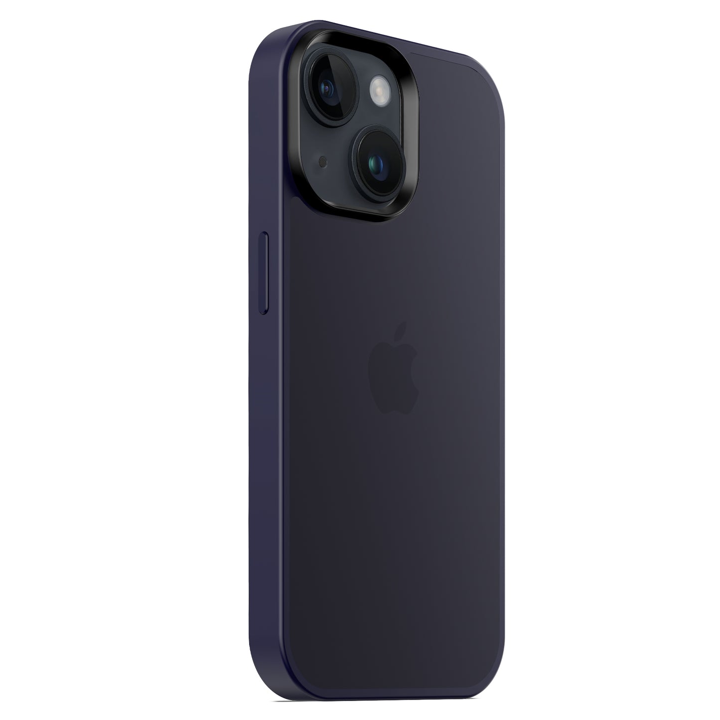 Ein dunkelviolettes iPhone 15, von hinten und von der Seite gesehen, mit zwei Rückkameras und einem zentralen Apple-Logo, wird durch das MR PROTECT iPhone 15 Case Matt von MR PROTECT für zuverlässige Stoßdämpfung geschützt.
