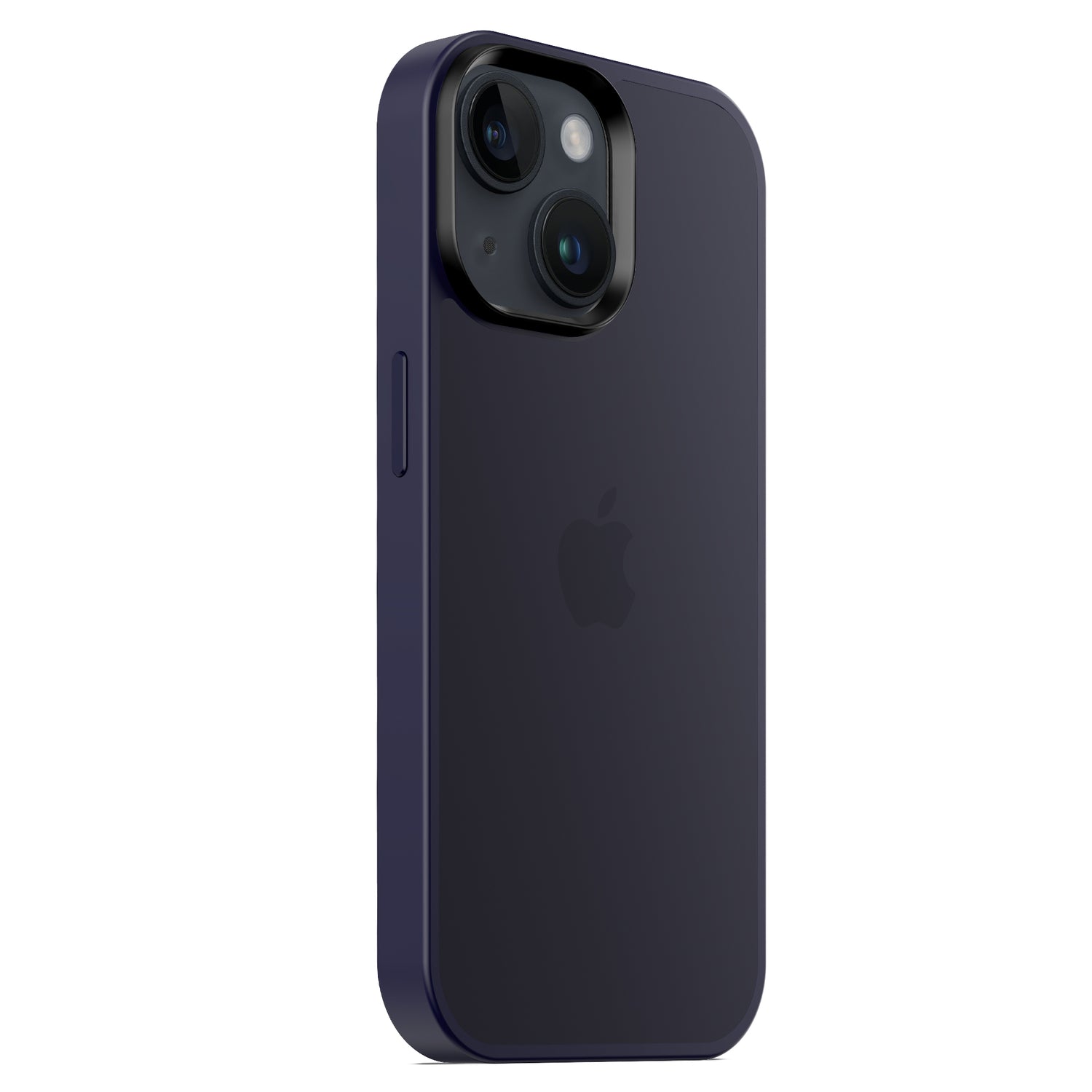 Das MR PROTECT iPhone 14 Case Matt von MR PROTECT wird in Dunkelviolett mit einer doppelten Aussparung für die Rückkamera gezeigt, von hinten und von der Seite betrachtet, und verfügt über einen minimalistischen Matt-Look für ein elegantes Finish.