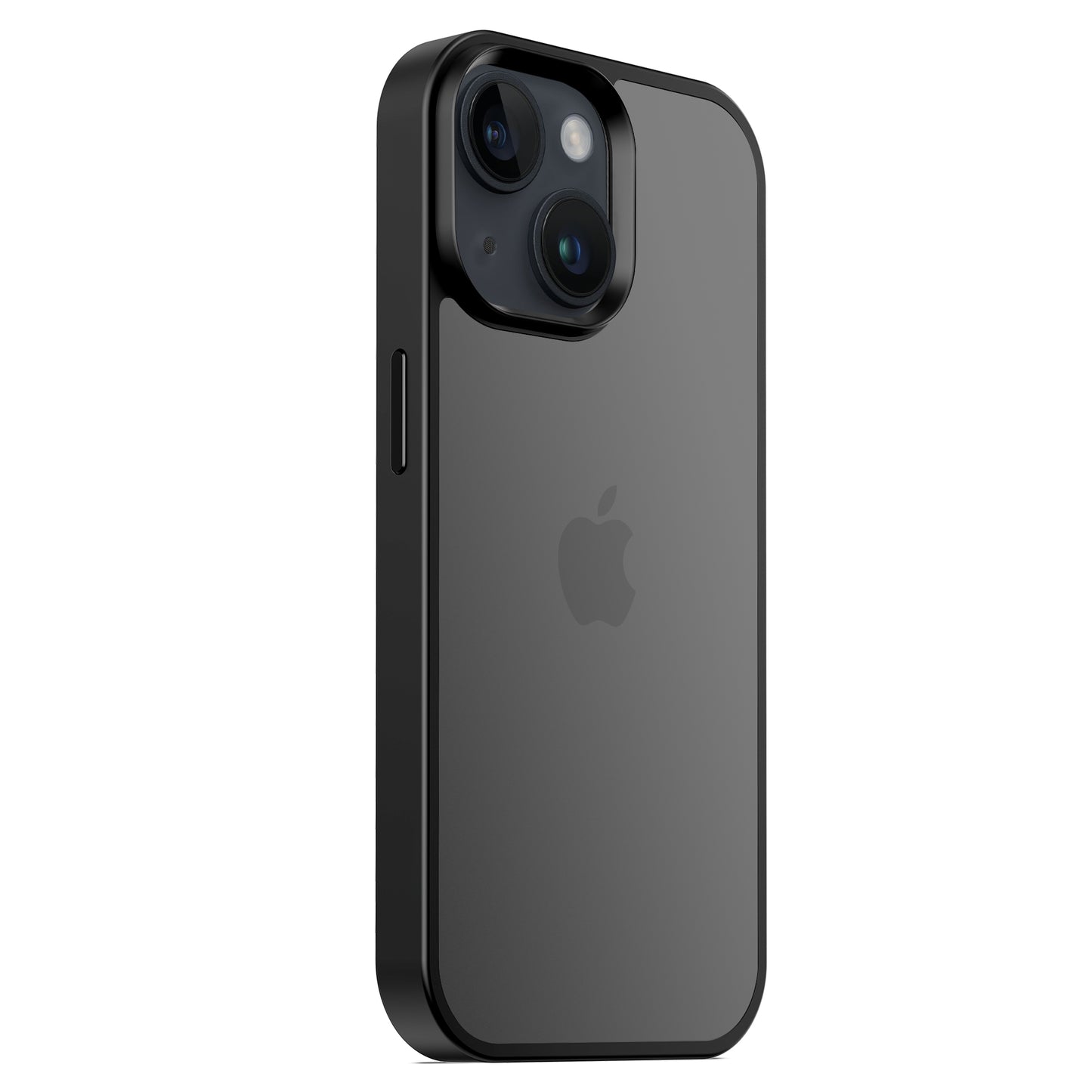 Das MR PROTECT iPhone 15 Case Matt von MR PROTECT wird in Schwarz mit einer Aussparung für die doppelte Rückkamera und dem leicht schräg auf weißem Hintergrund angezeigten Apple-Logo gezeigt und verfügt über einen minimalistischen, matten Look für stilvolle Schlichtheit.