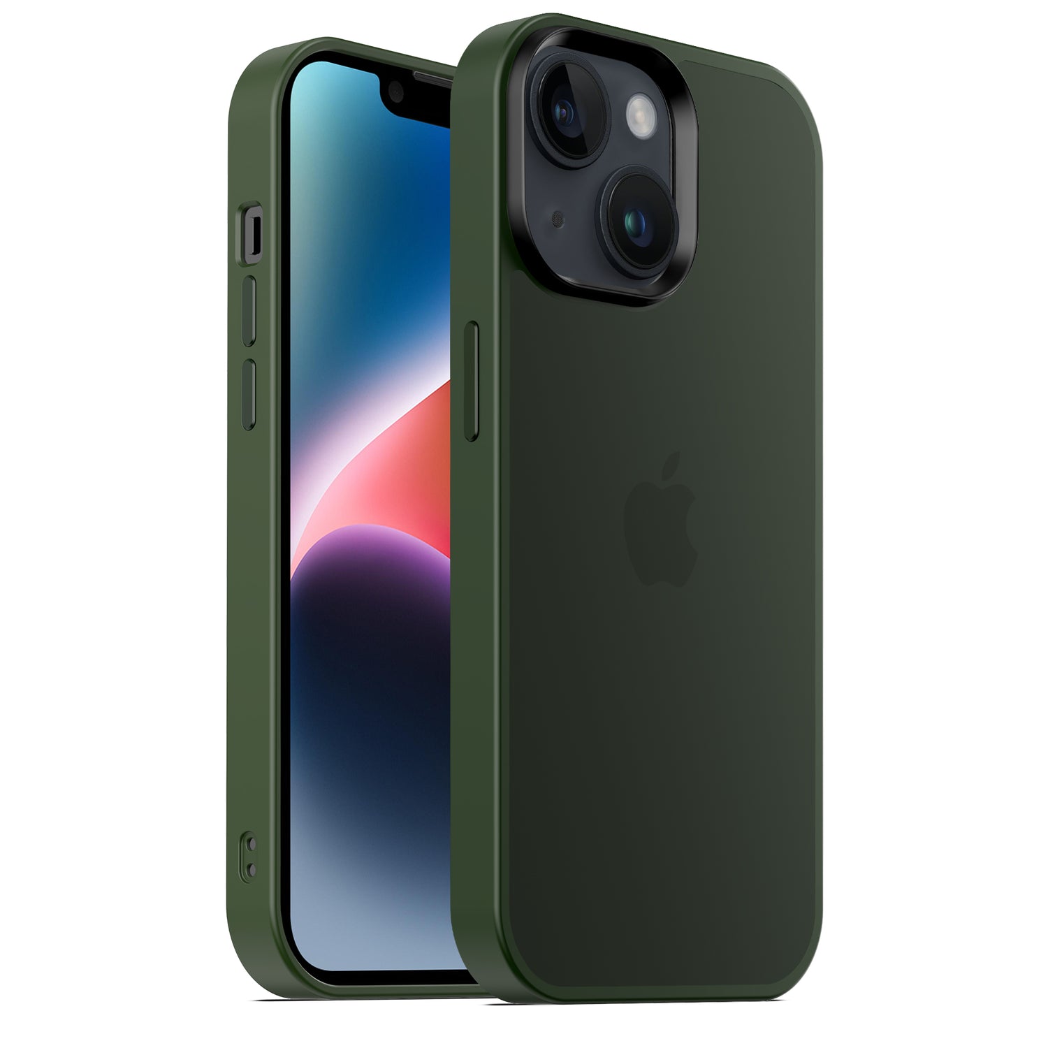 Dunkelgrünes iPhone mit MR PROTECT iPhone 14 Case Matt, einer minimalistischen, stoßdämpfenden TPU-Silikon-Hülle von MR PROTECT, Vorder- und Rückseite auf weißem Hintergrund abgebildet.
