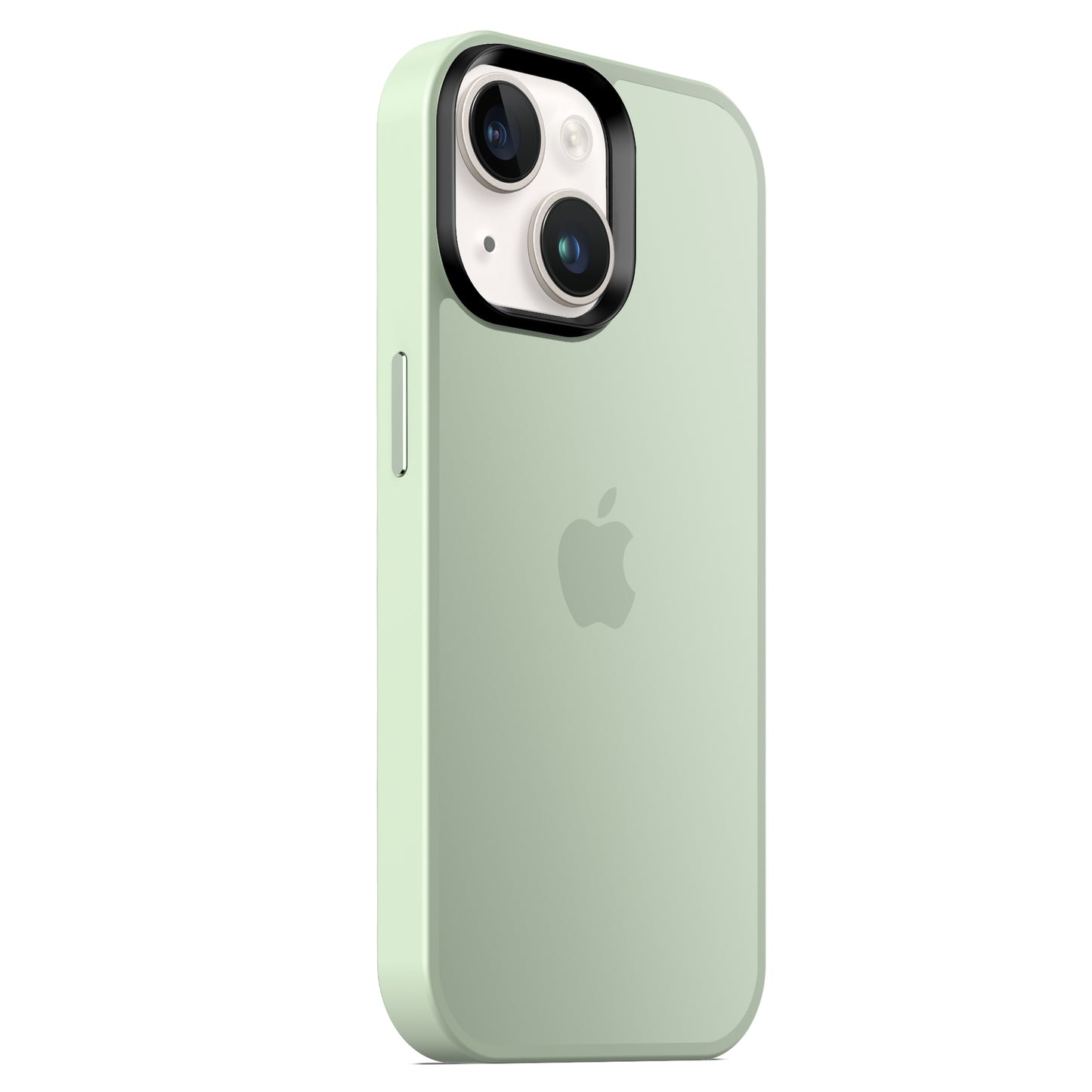 Ein hellgrünes iPhone mit dem MR PROTECT iPhone 14 Case Matt von MR PROTECT ist von hinten abgebildet und verfügt über einen minimalistischen matten Look und zwei Rückkameras mit einem schwarzen Kamerarand in der Nähe des Apple-Logos.