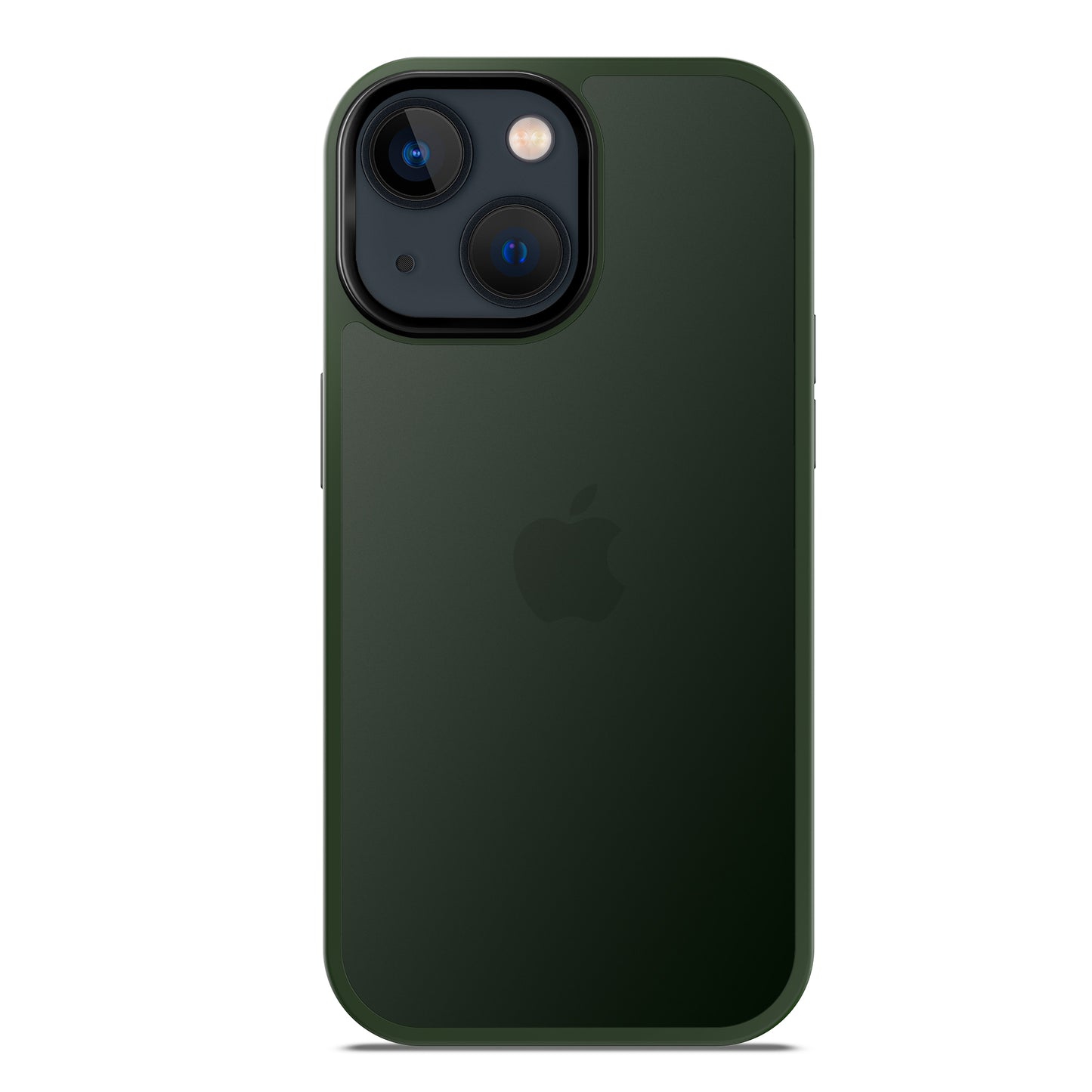 Ein dunkelgrünes iPhone 15 in einem MR PROTECT iPhone 15 Case Matt von MR PROTECT, abgebildet von der Rückseite mit Dual-Kameras, Blitz, Apple-Logo und minimalistischer Matt-Optik aus stoßabsorbierendem TPU-Silikon.