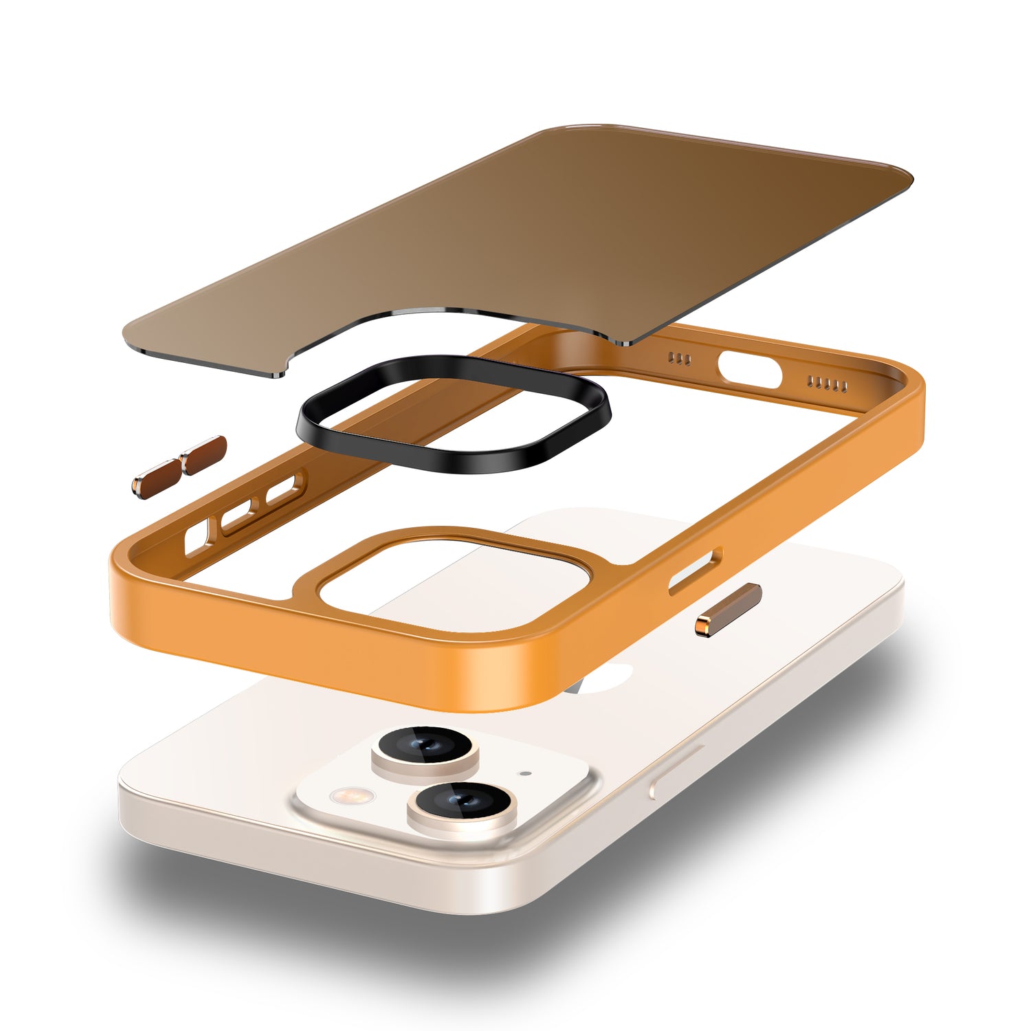Eine Explosionsansicht des MR PROTECT iPhone 14 Case Matt von MR PROTECT, die den minimalistischen matten Displayschutz, die stoßdämpfende gelbe TPU-Silikonhülle, die Tasten und den schwarzen Ring vertikal gestapelt auf einem weißen Hintergrund zeigt.