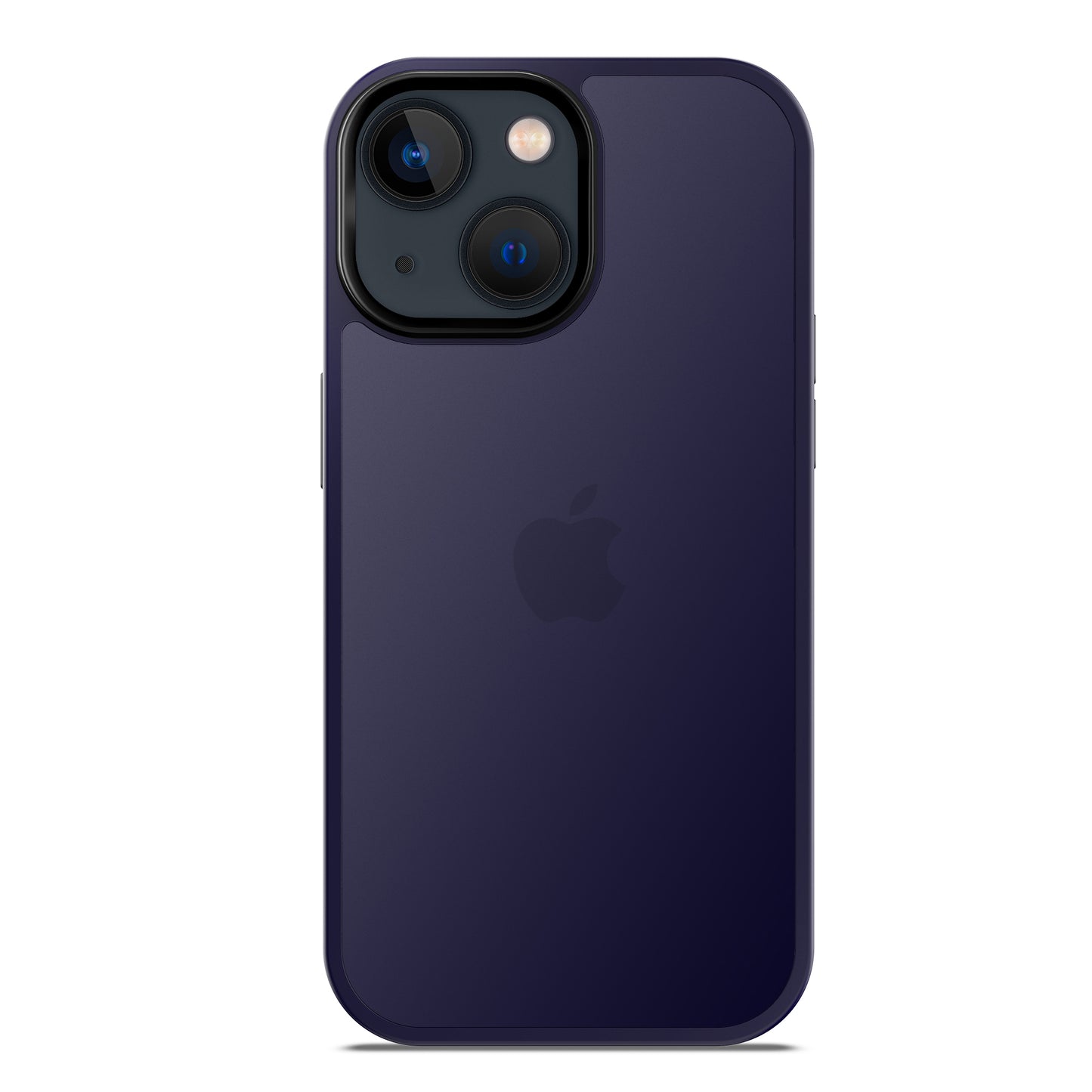 Ein dunkelviolettes iPhone 15 mit zwei Kameras auf der Rückseite und einem zentrierten Apple-Logo wird in der MR PROTECT iPhone 15 Hülle Matt gezeigt und bietet elegante Stoßdämpfung in einem minimalistischen matten Design von MR PROTECT.