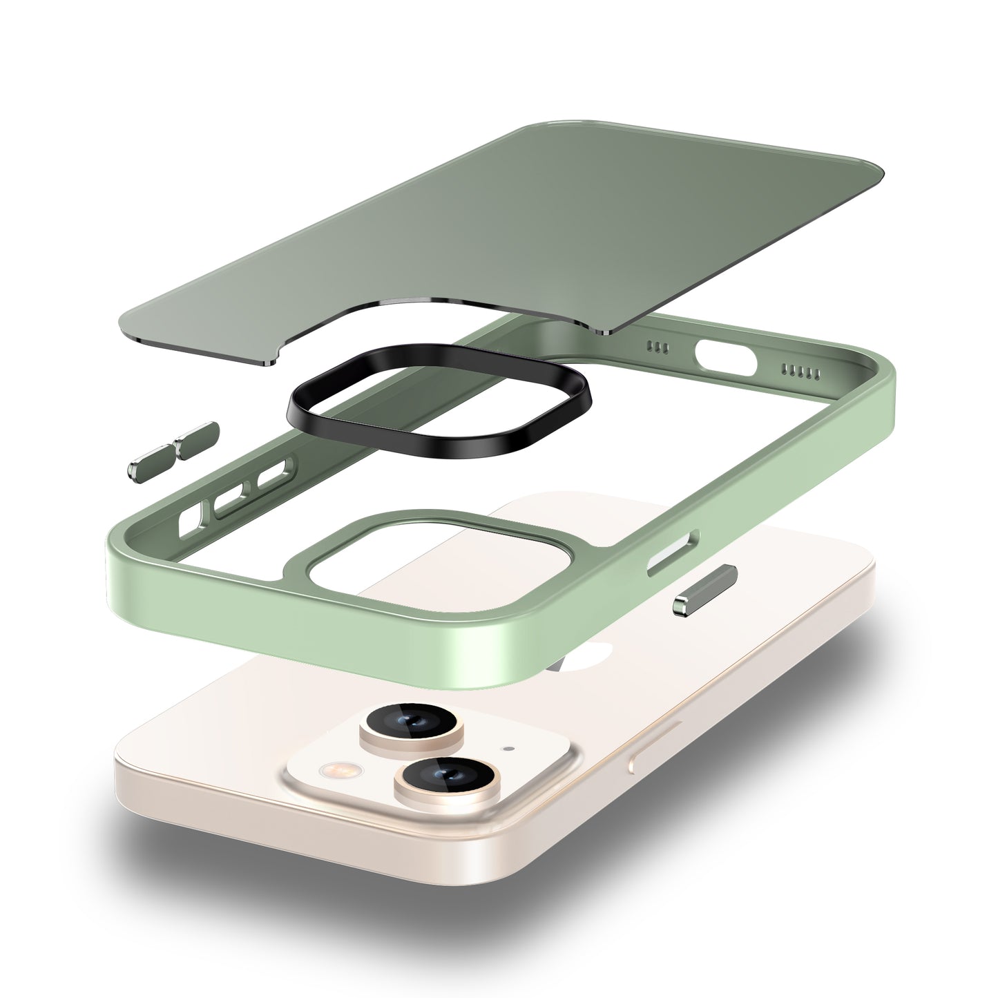 Eine Explosionsansicht des MR PROTECT iPhone 14 Case Matt von MR PROTECT zeigt seine einzelnen Schichten – Displayschutz, Rahmen, Tastenabdeckungen, Kameraring und Telefon – auf einem weißen Hintergrund in minimalistischer Mattoptik.