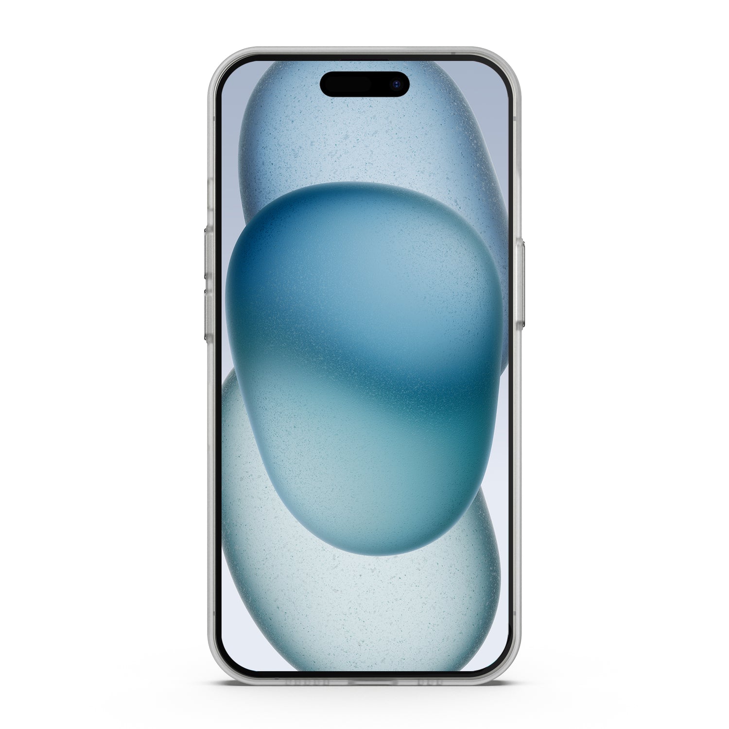 Ein iPhone 15 in einer MR PROTECT iPhone 15 FROZEN-Hülle (klar, Frozen-Look) von MR PROTECT zeigt einen Bildschirm mit minimalistischen, sich überlappenden, durchscheinenden Ovalen in Blau und Grau als Hintergrundbild.