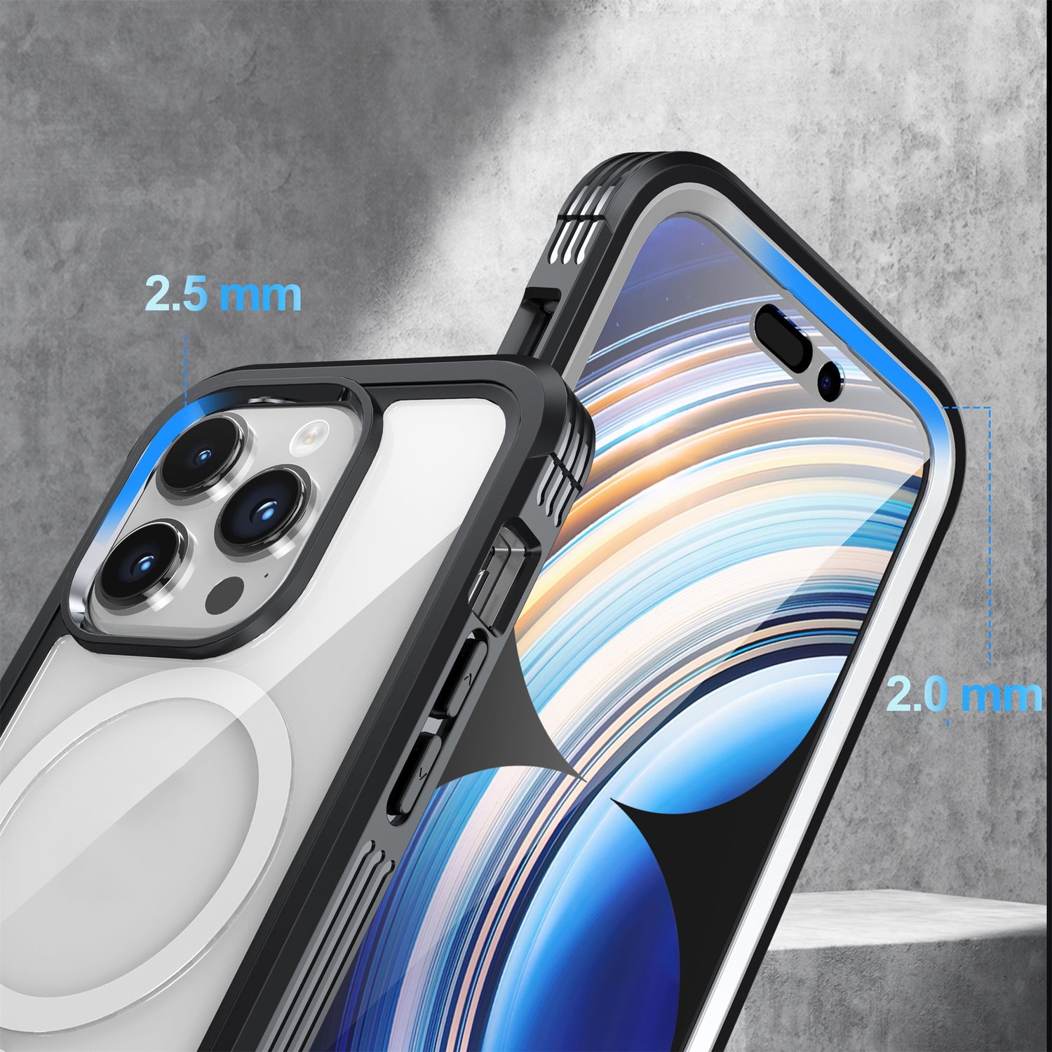 Zwei Smartphones in Arktis iPhone 16 Pro Defender Cases von Arktis, die robusten schwarzen 360-Grad-Schutz mit präzisem Kamera- und Displayschutz von 2,5 mm und 2,0 mm bieten.