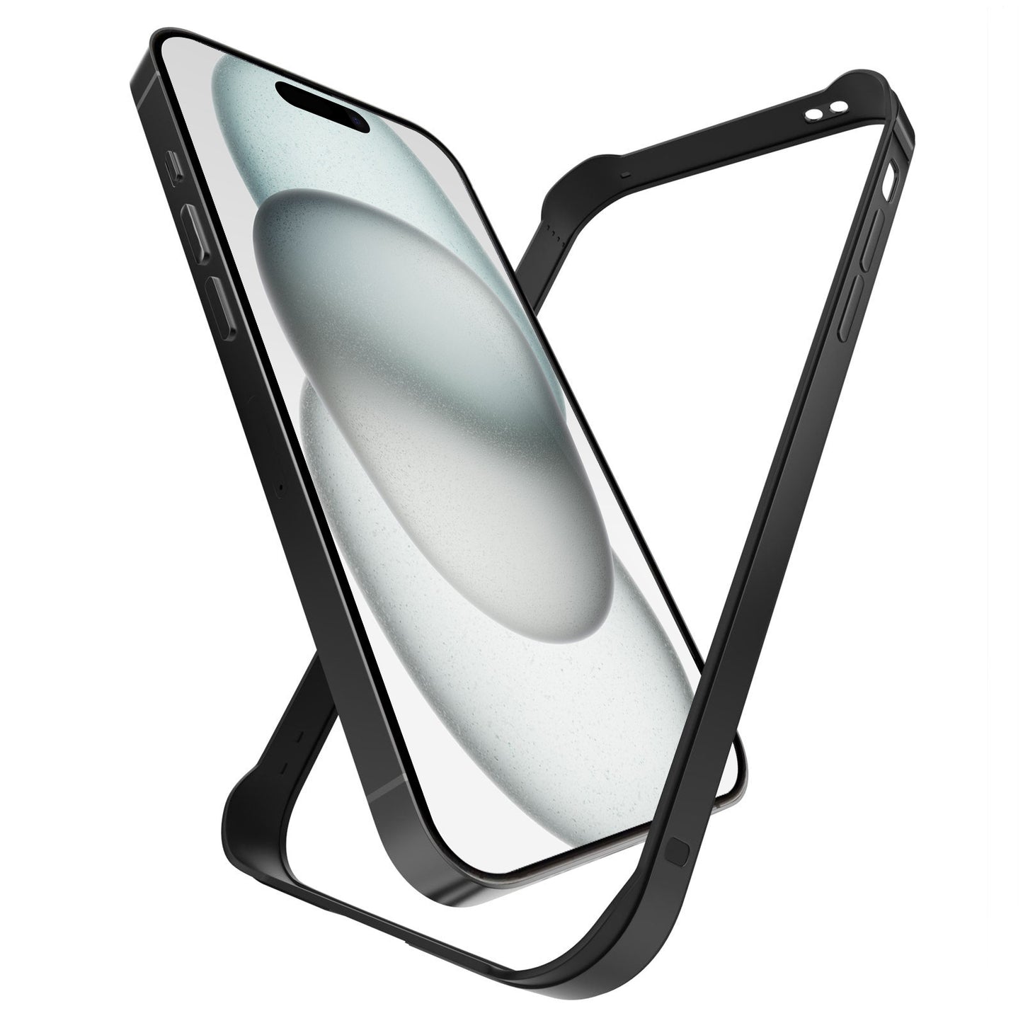 Ein schwarzer Aviato AirZERO Alu Bumper für iPhone 15 aus robustem Flugzeugaluminium, teils abgelöst, schwebt vor weißem Hintergrund – ideal für kabelloses Laden.